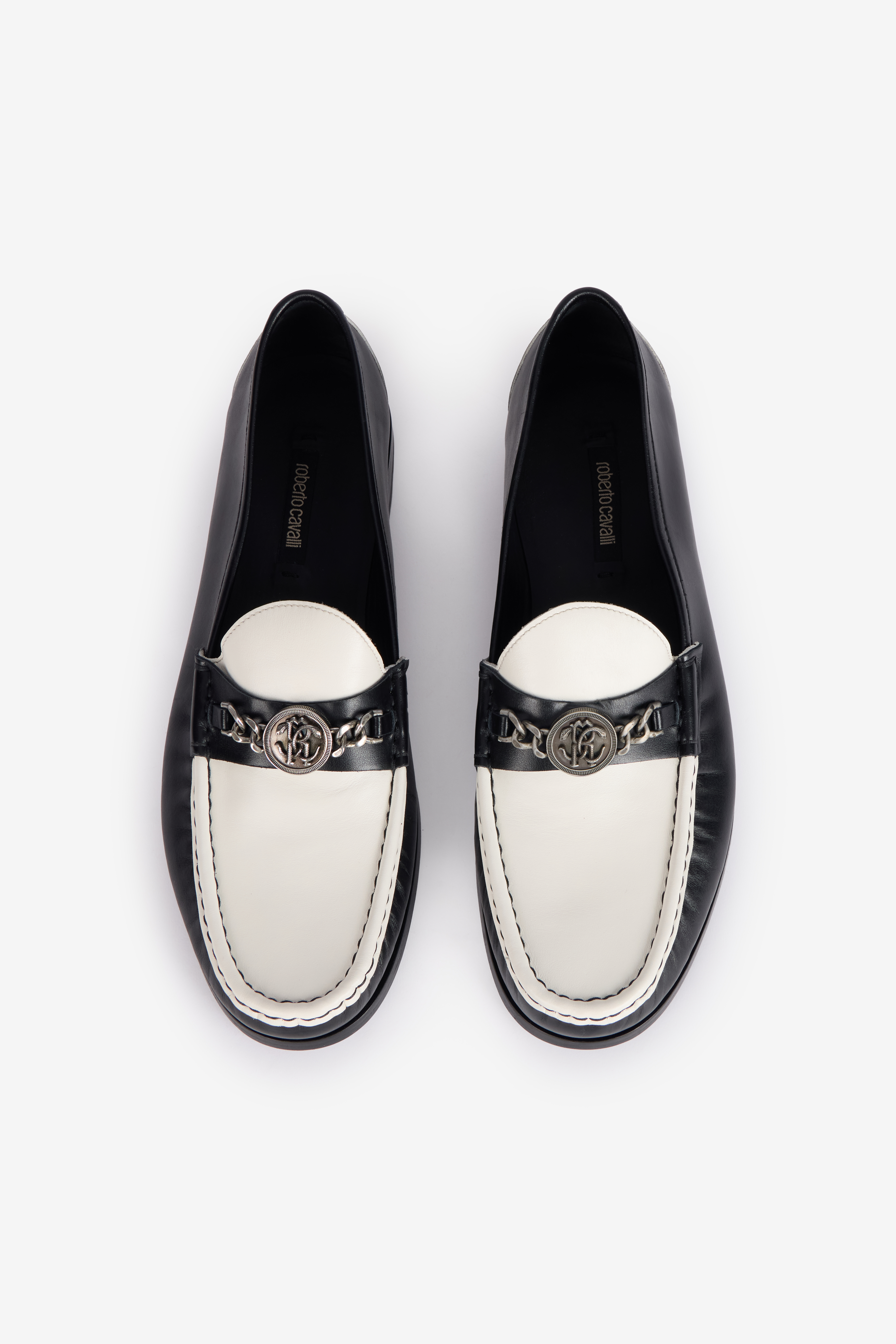 Roberto Cavalli Monogram-plaque Two-tone Loafers In White/black