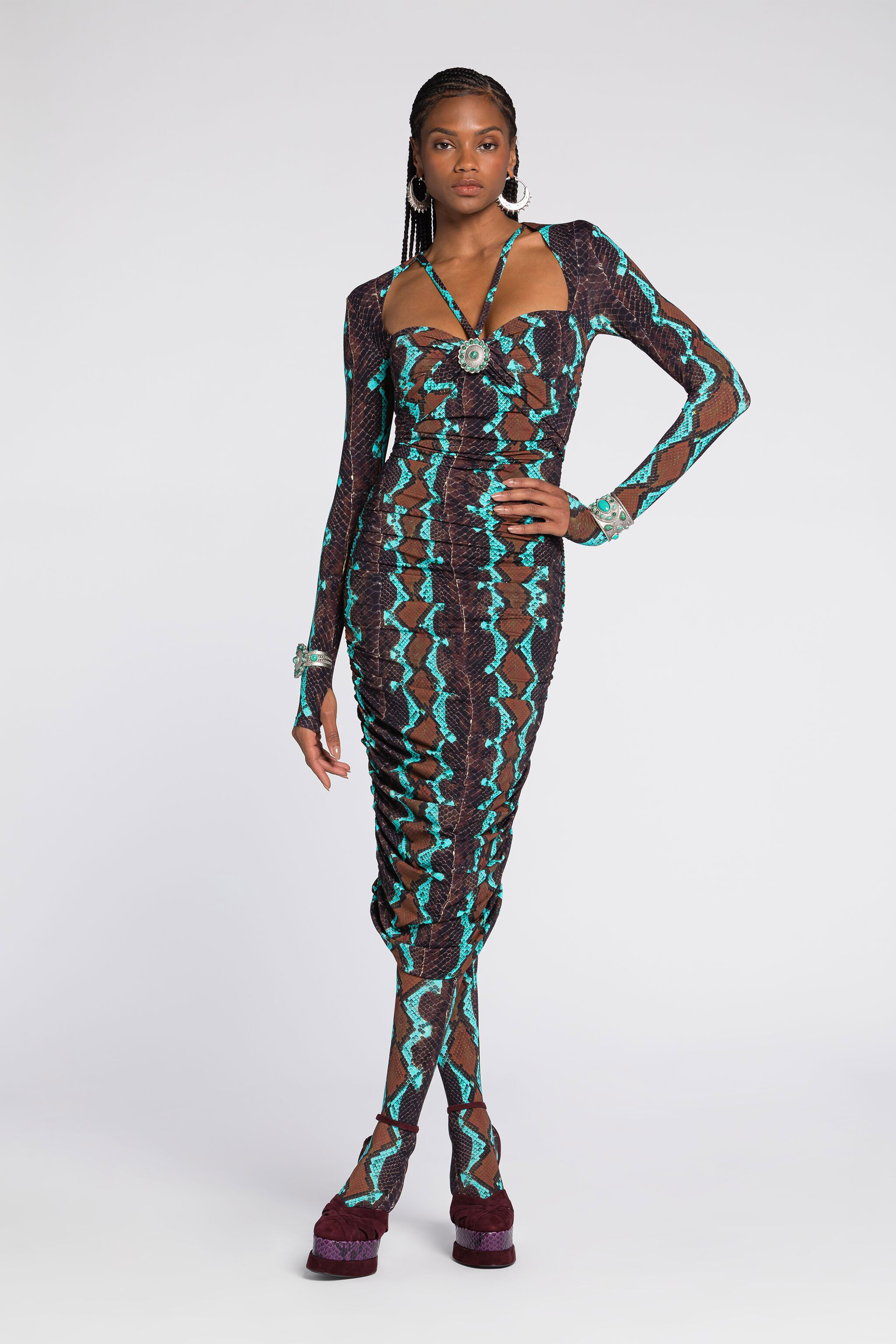 Roberto Cavalli Snakeskin-print Bodycon Midi Dress In Dark Brown/light Blue