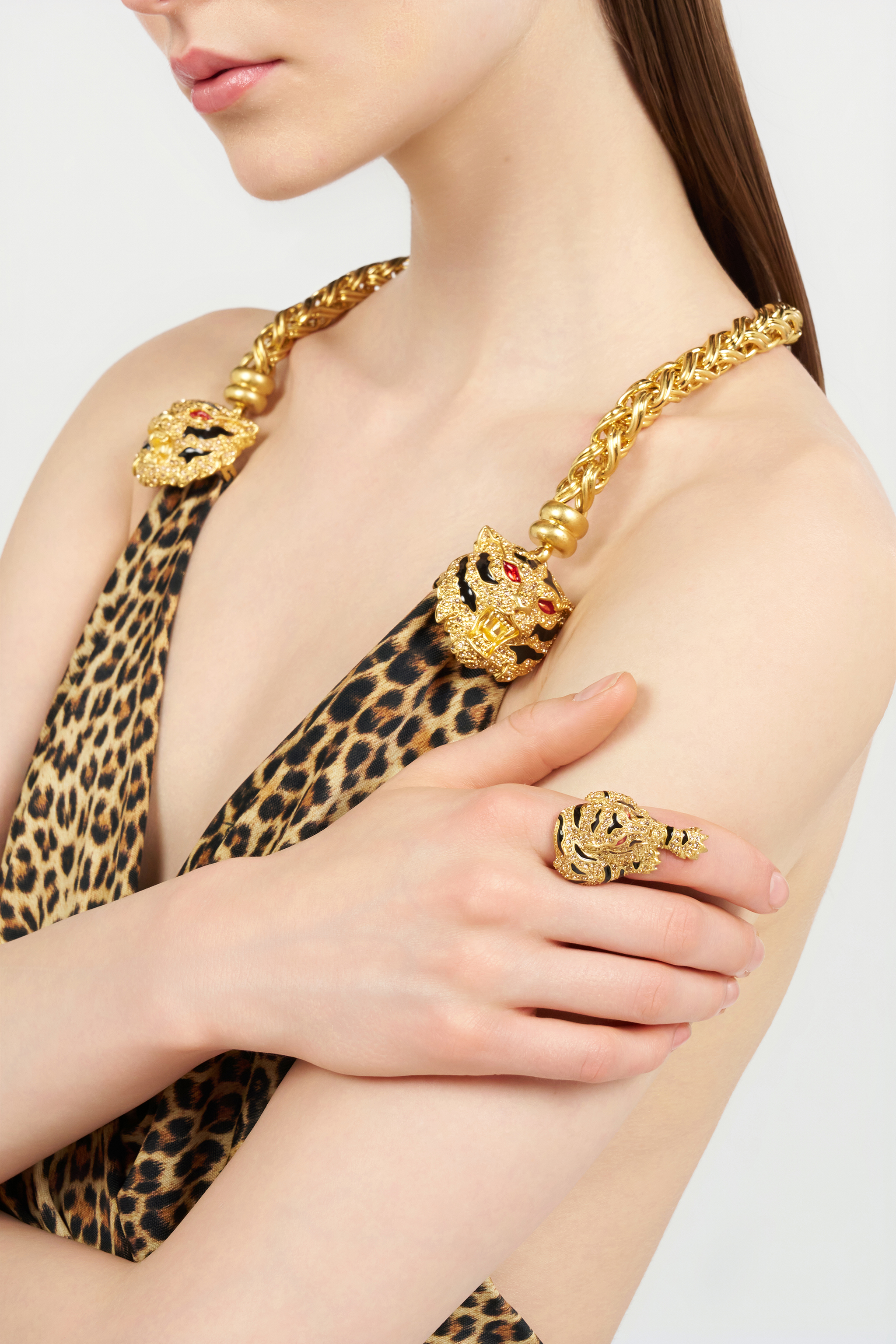 Roberto Cavalli Gold Crystal-embellished Roar Ring