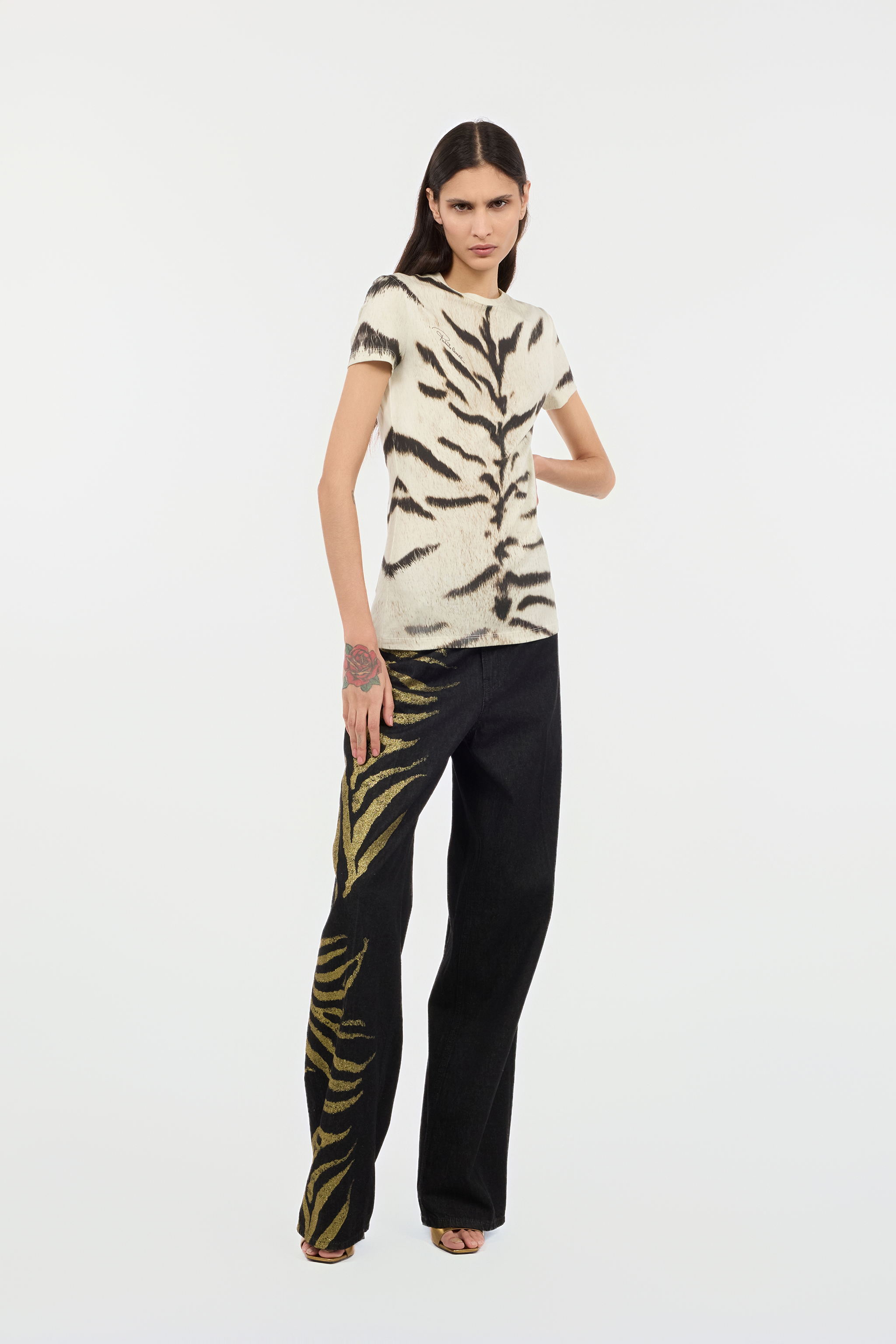 Roberto Cavalli Jeans With Side Zebra Print In Oro/nero 191101