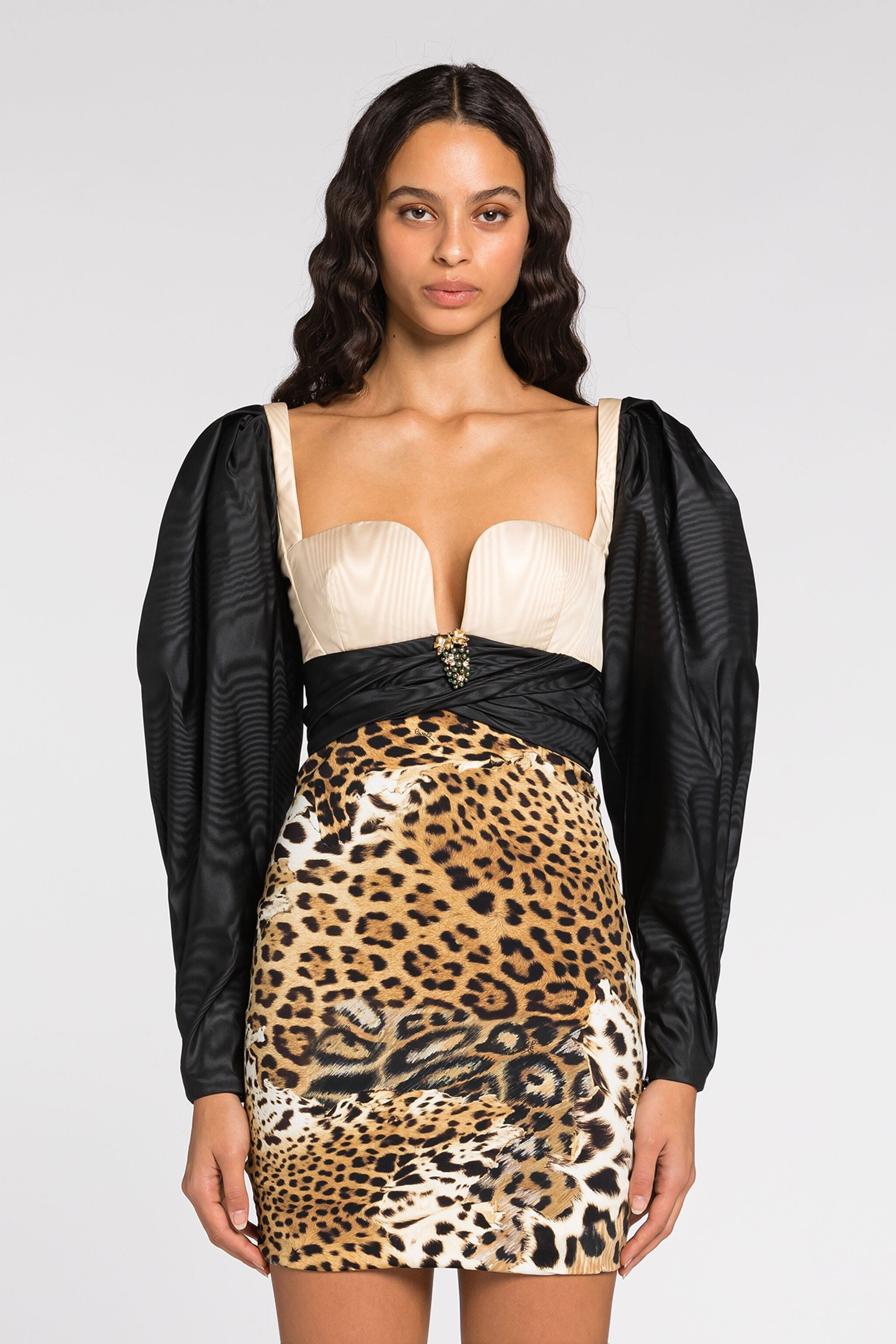 Shop Roberto Cavalli Minikleid Mit Jaguar-print Und Moiré-elementen In Light Brown