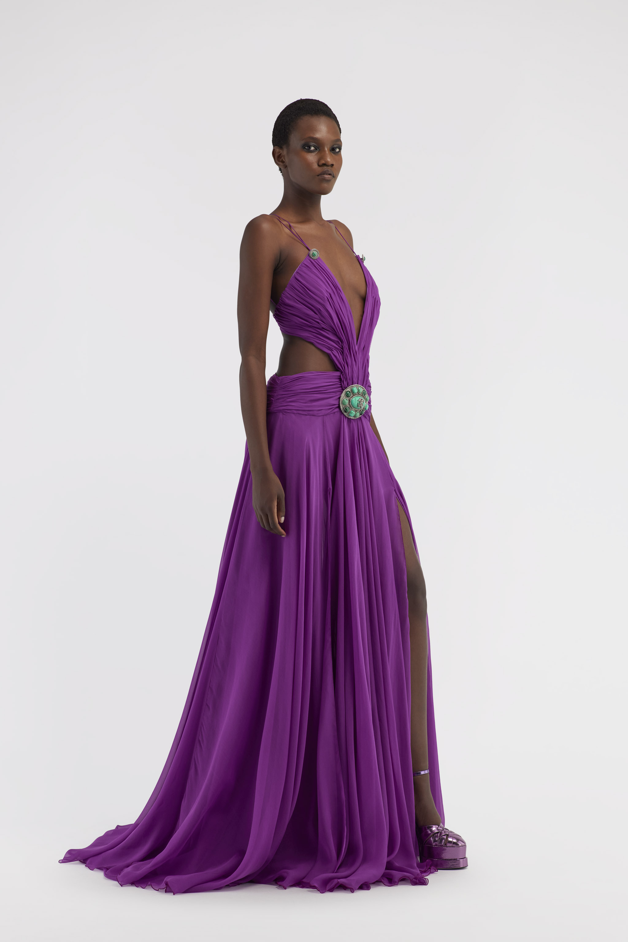 Long silk dress with cut-out