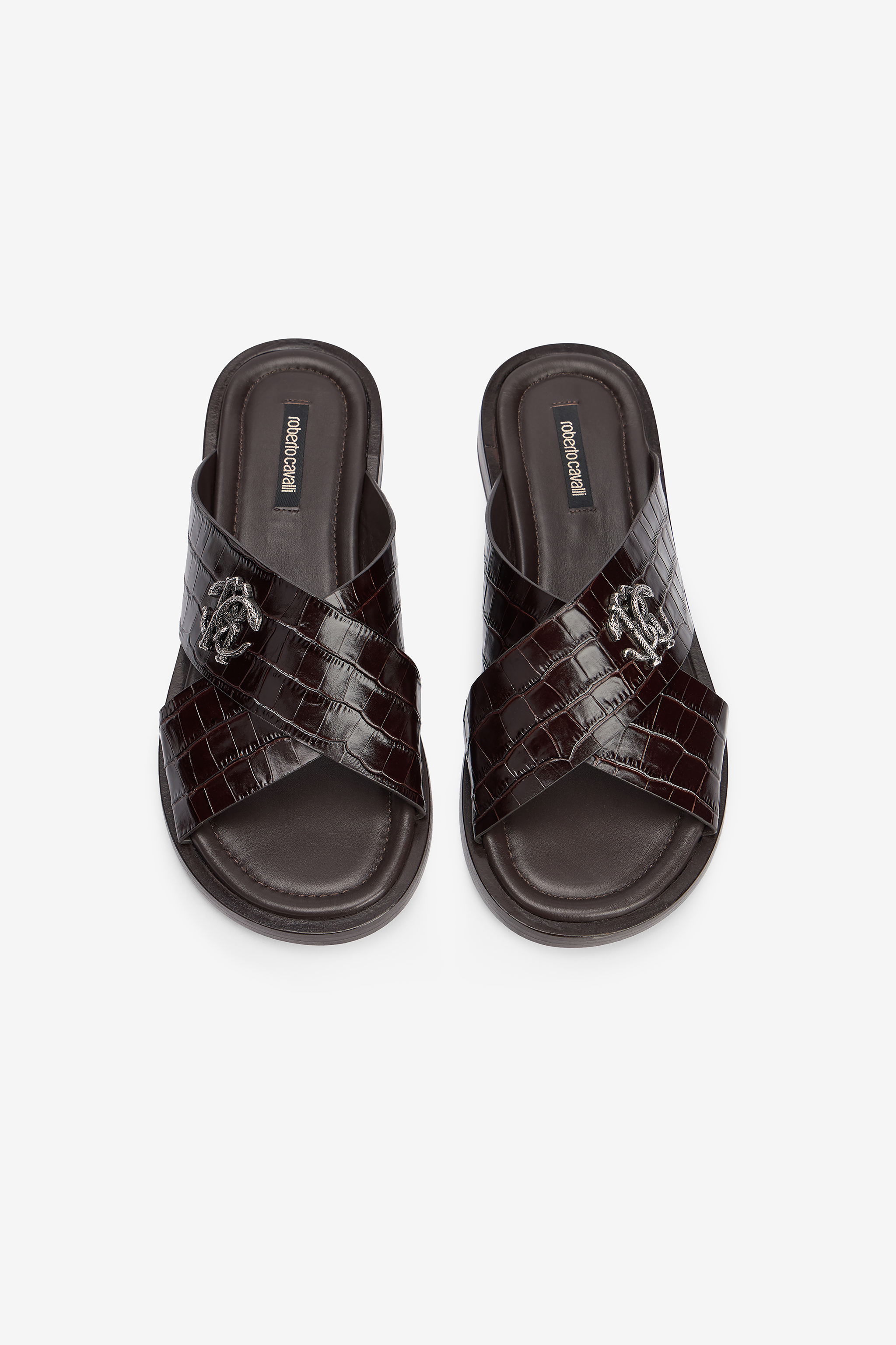 Dark Brown Crocodile-Effect Leather Slide Sandals