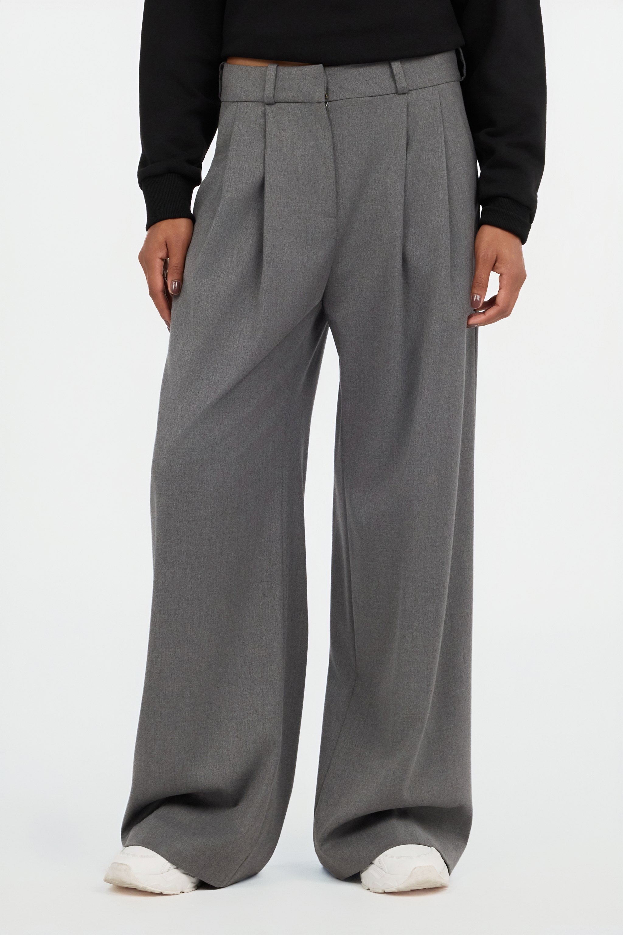 Grey Pleated Wide Leg Trousers