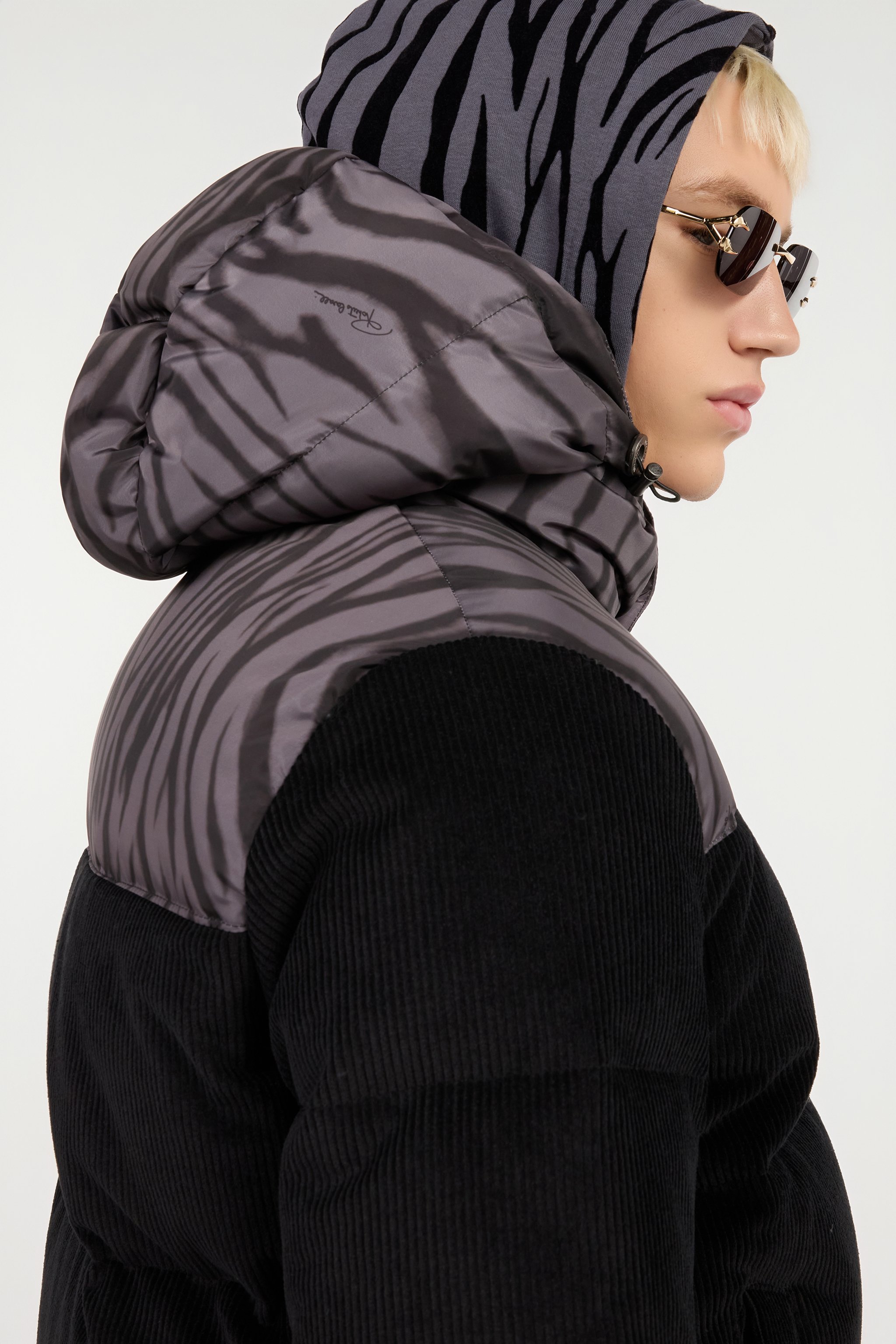 Black Corduroy Down Jacket With Zebra Print