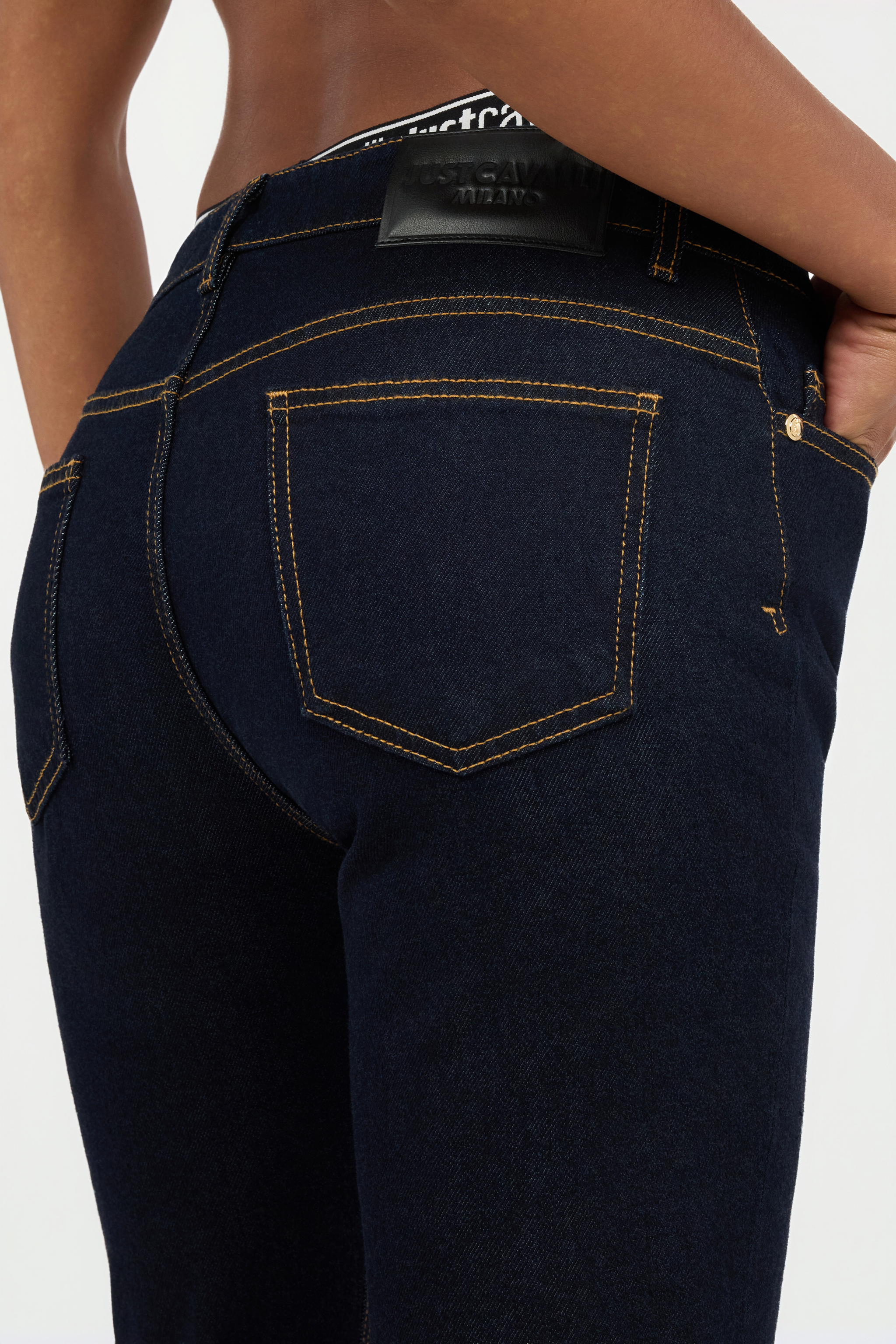 Roberto Cavalli Dark Blue Straight Leg Jeans With Contrast Stitching In Black