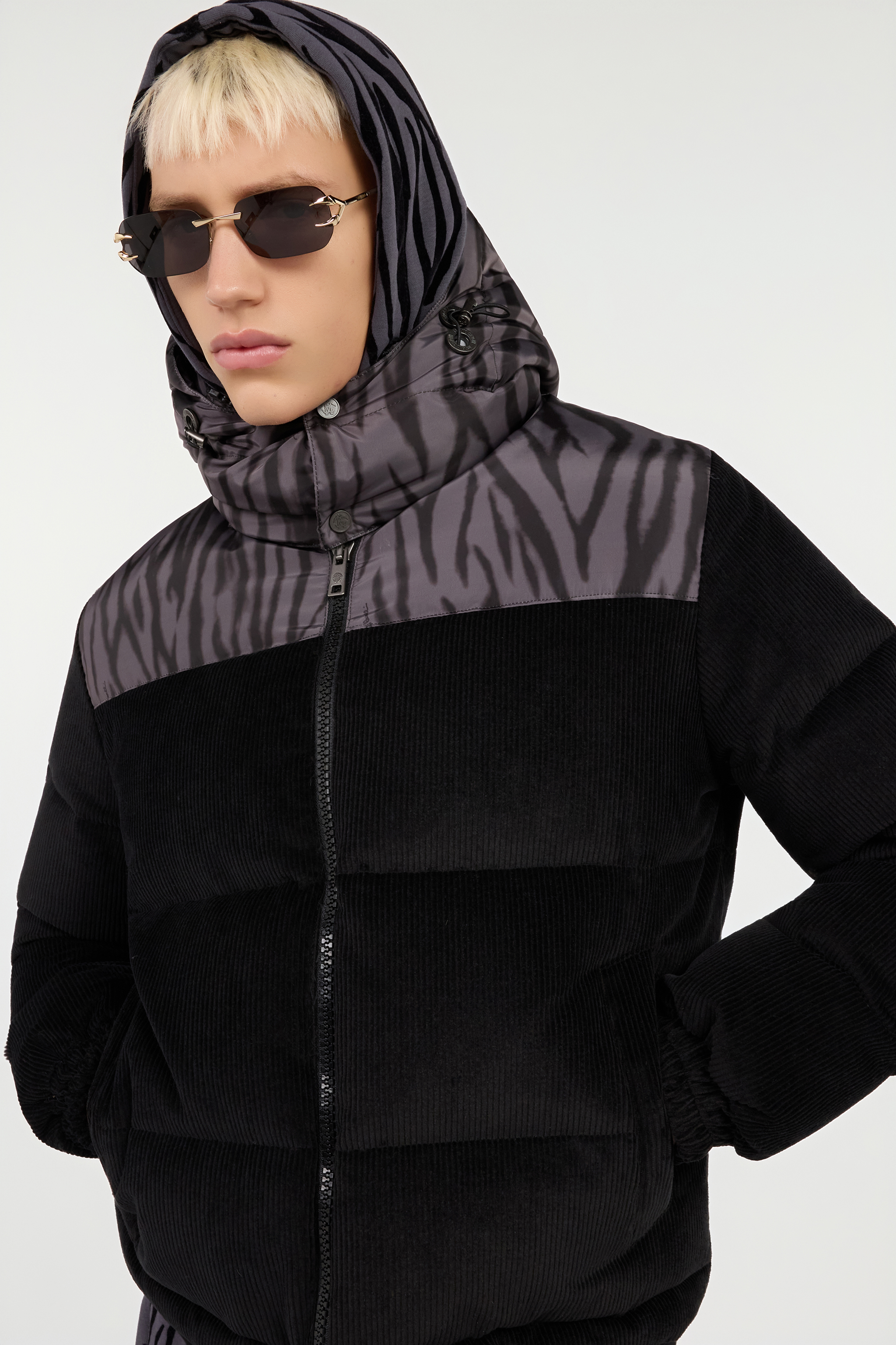 Black Corduroy Down Jacket With Zebra Print