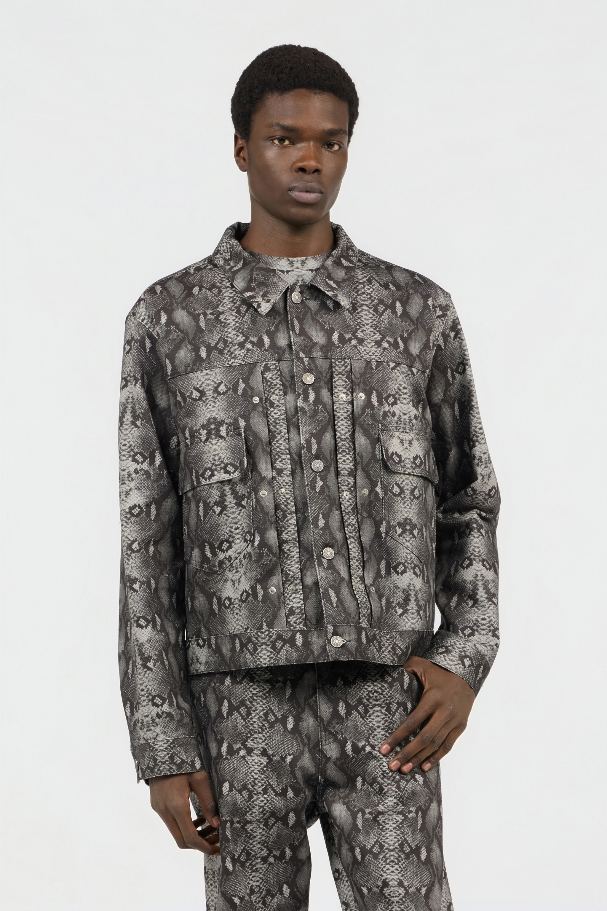  Roberto Cavalli Python Print Denim Jacket - Male Ready To Wear Python Dark Grey S 