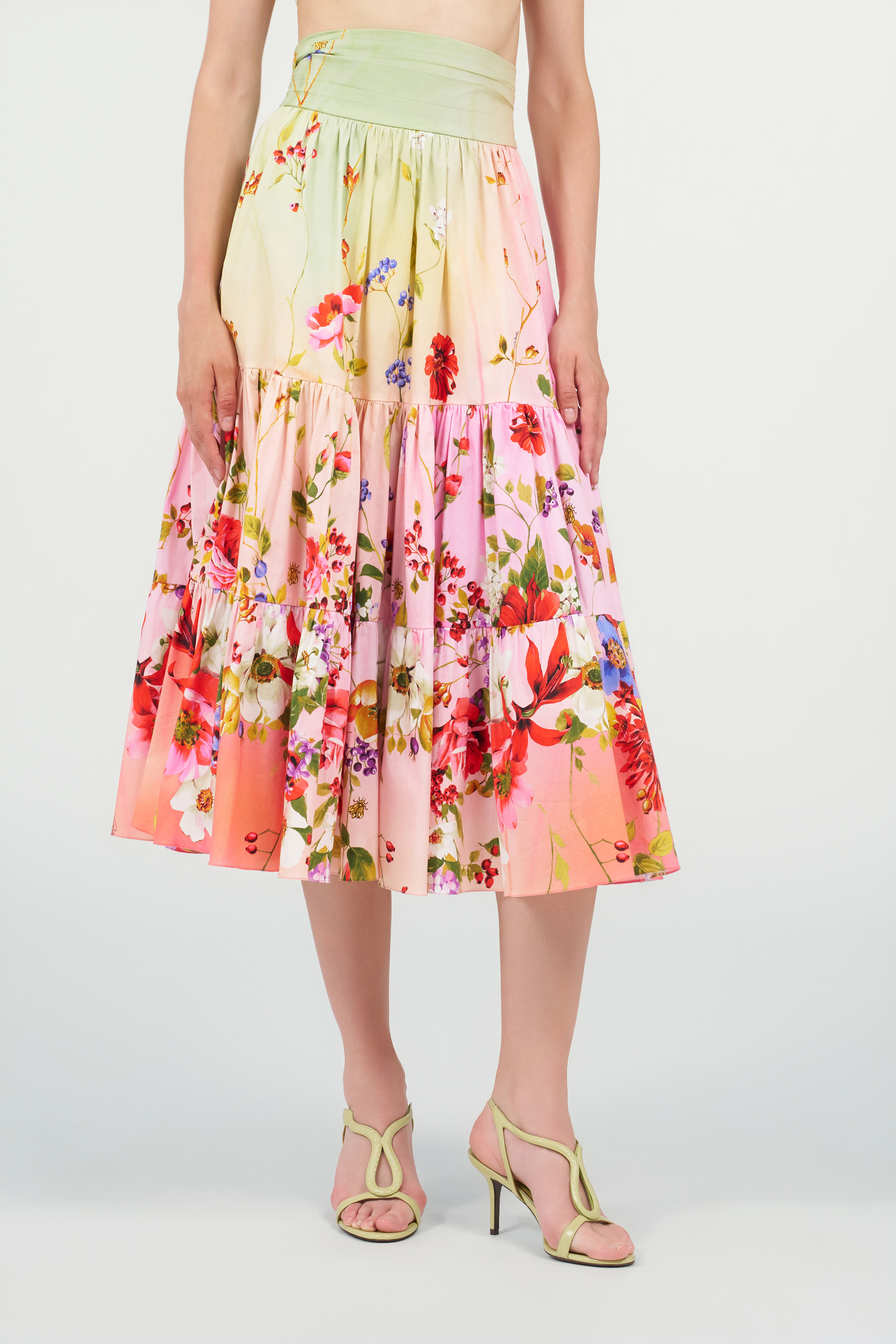 Roberto Cavalli Floral-print High-rise Gathered Midi Skirt In Multi