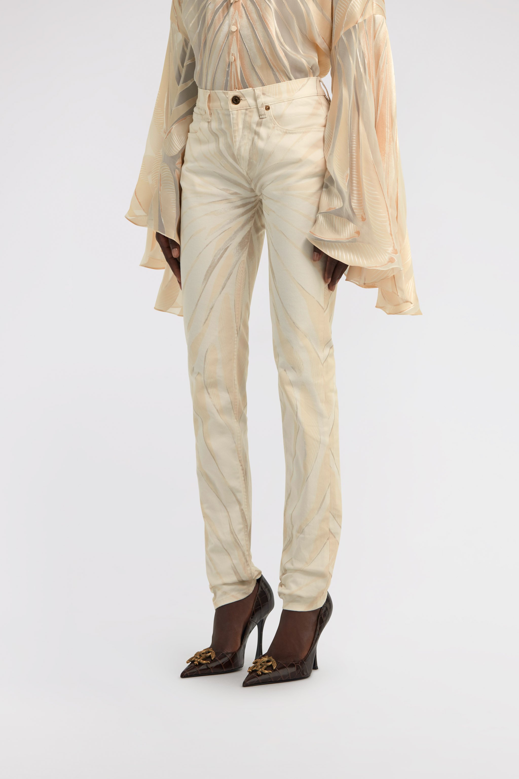 ROBERTO CAVALLI RAY OF GOLD PRINT SKINNY COTTON TROUSERS