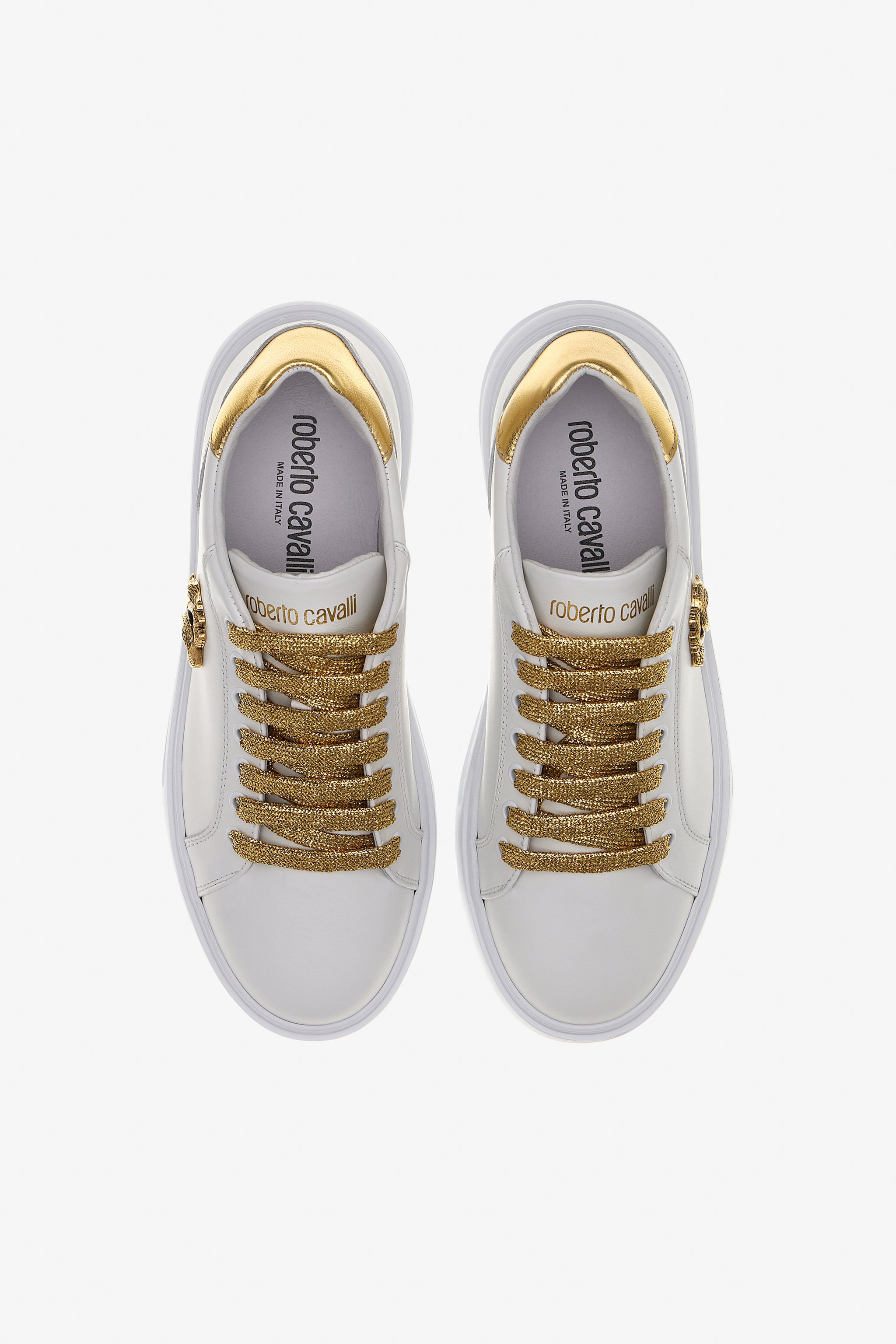 Roberto Cavalli Logo Side Logo Sneakers In White/gold