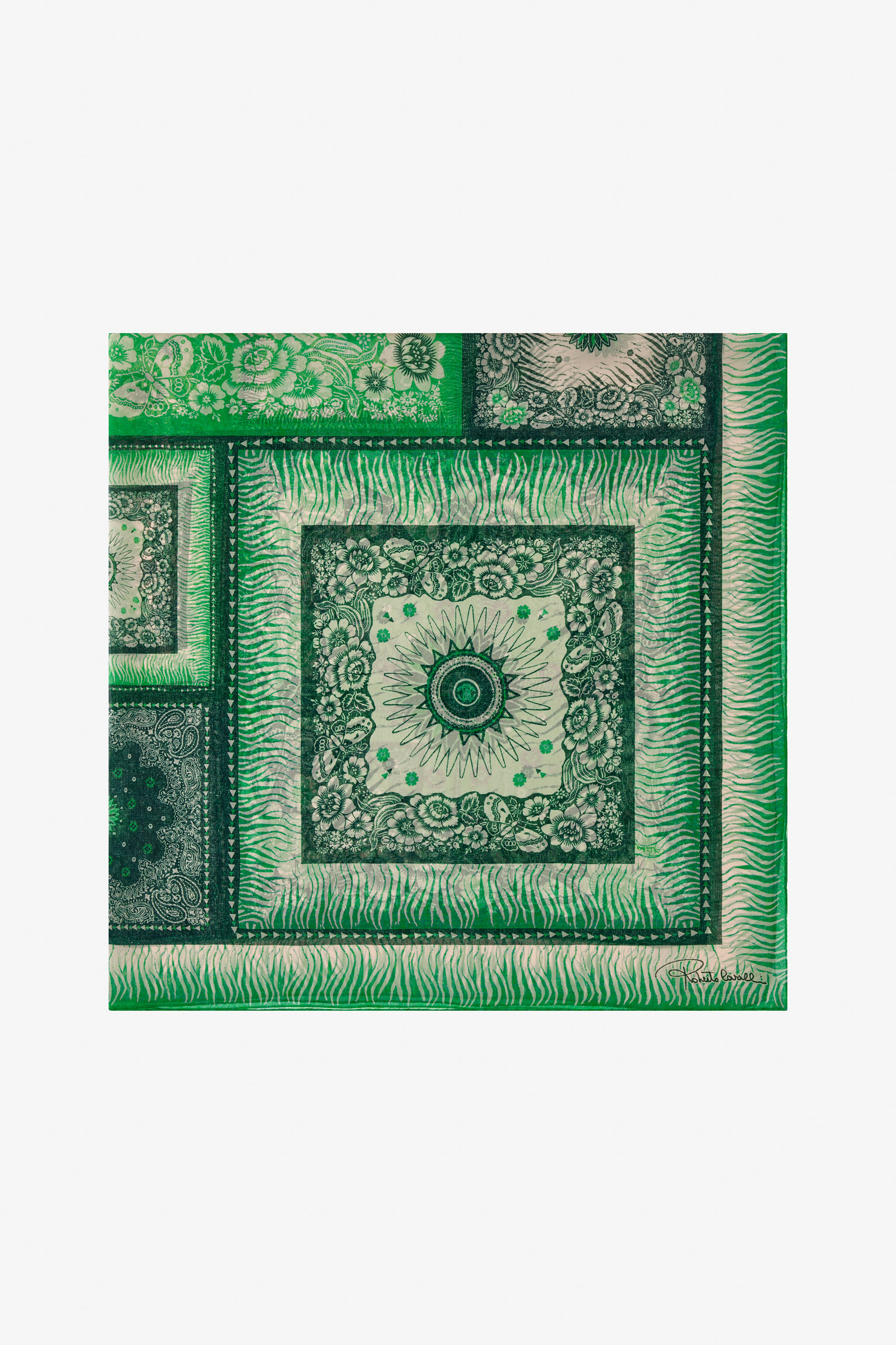 Roberto Cavalli Silk Shawl With Zebra Pattern And Logo In Green