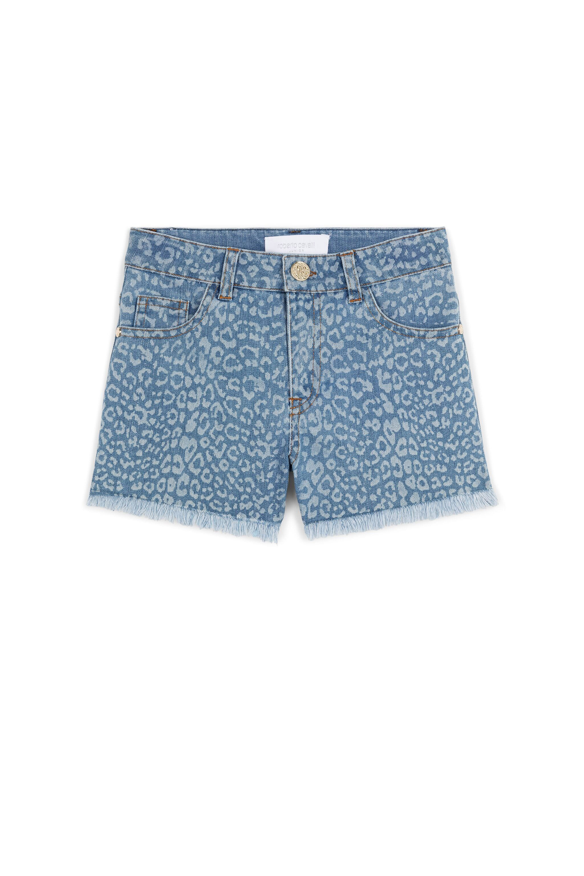 Roberto Cavalli Leopard-print Denim Shorts In Light Blue