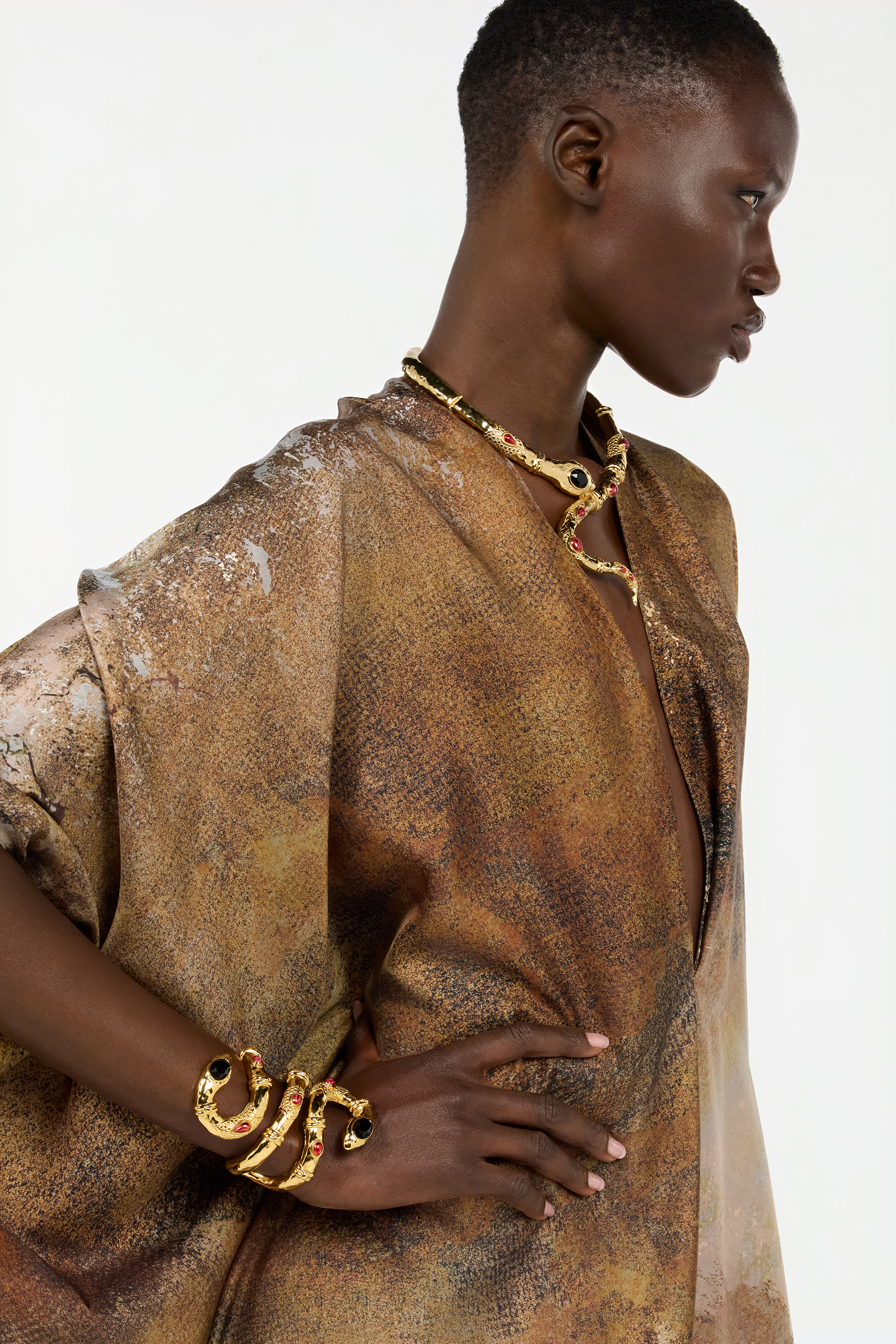 Beige Silk Caftan With Marble Print
