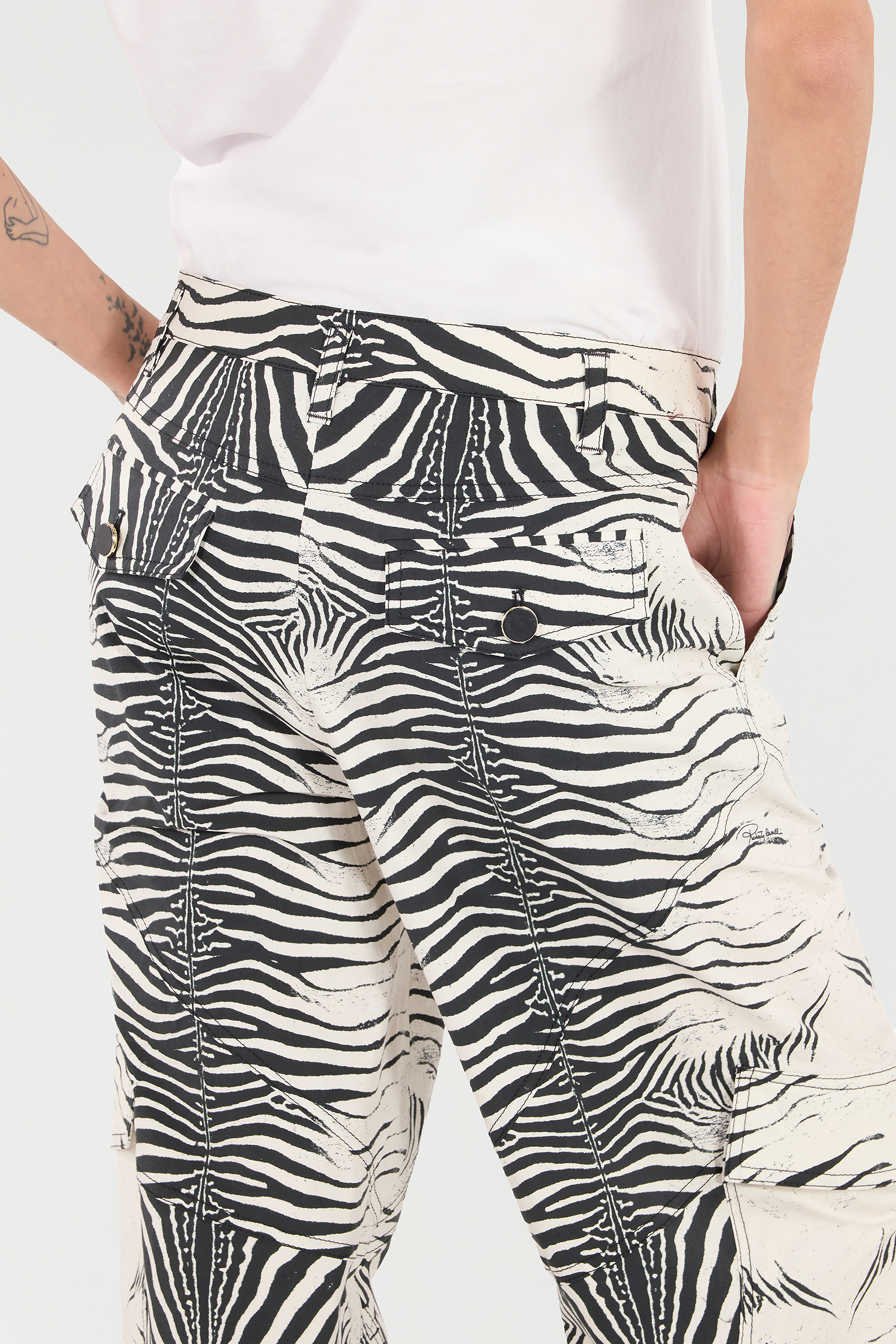 Roberto Cavalli Stretch Cotton Pants With White Tigress Print In Bianco/nero
