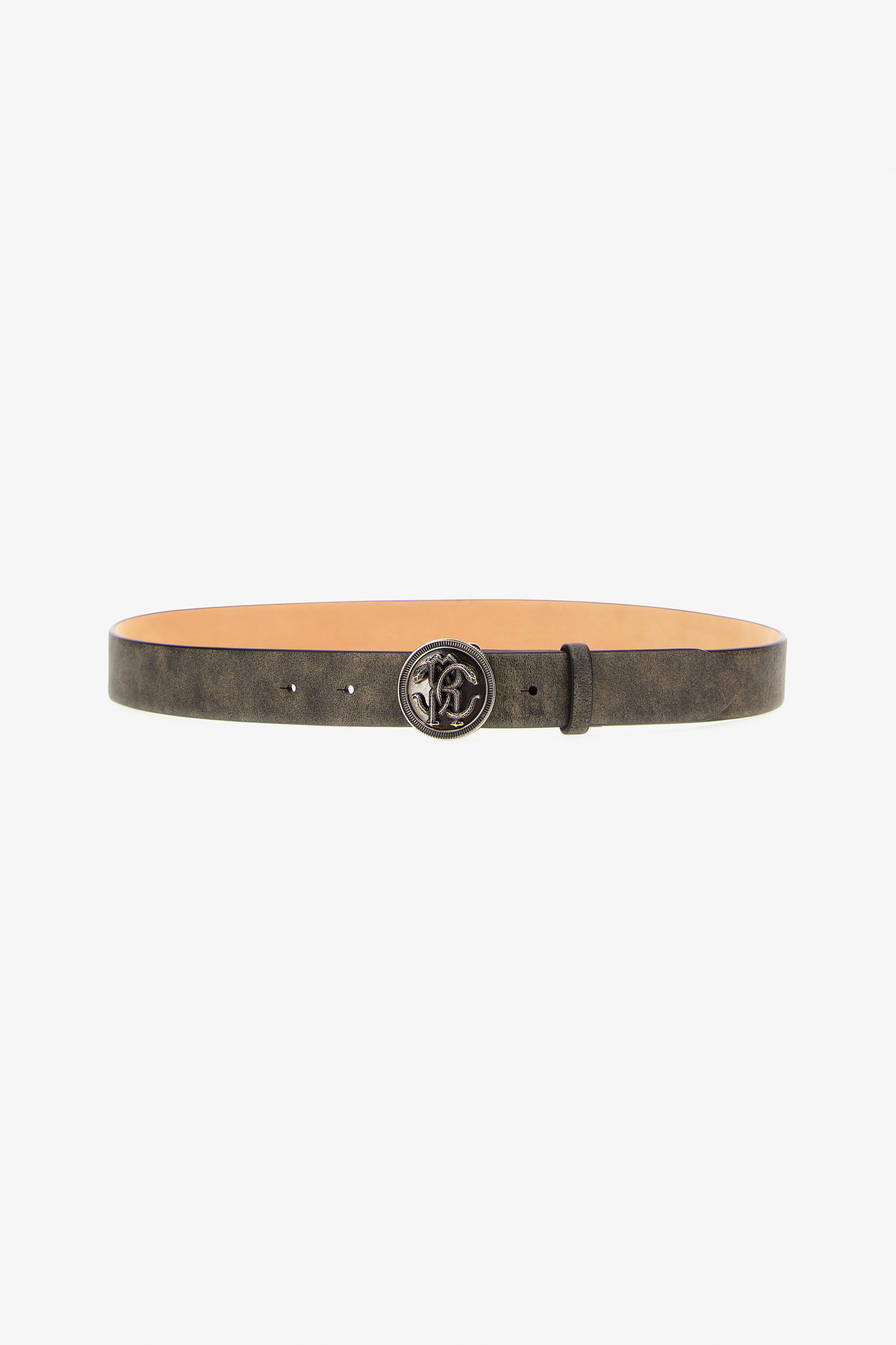 Roberto Cavalli Men's Grey/Black Logo Belt With Rc Monogram Buckle - Bags & Accessories