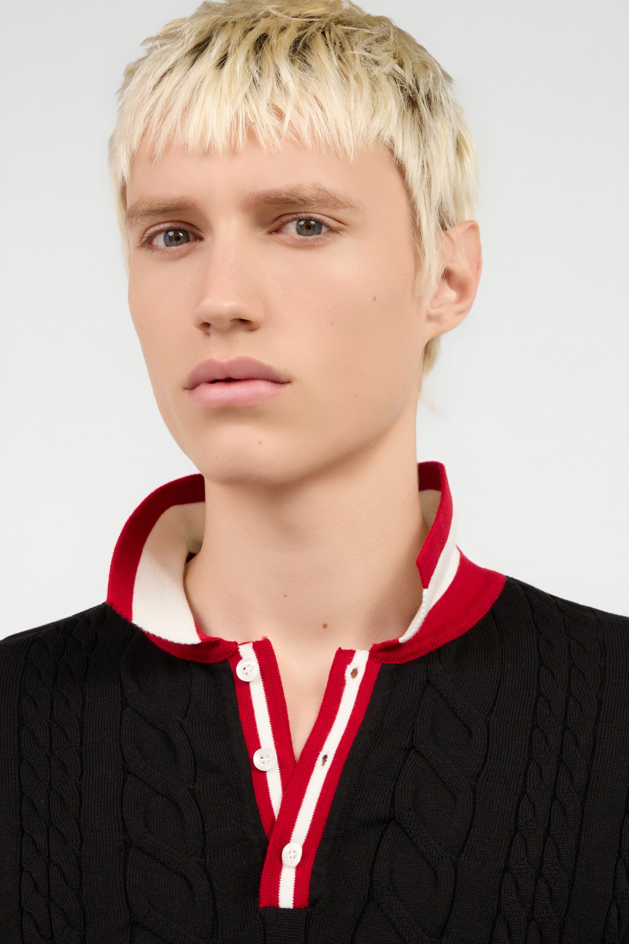 Black Cable Knit Polo With Contrast Trim