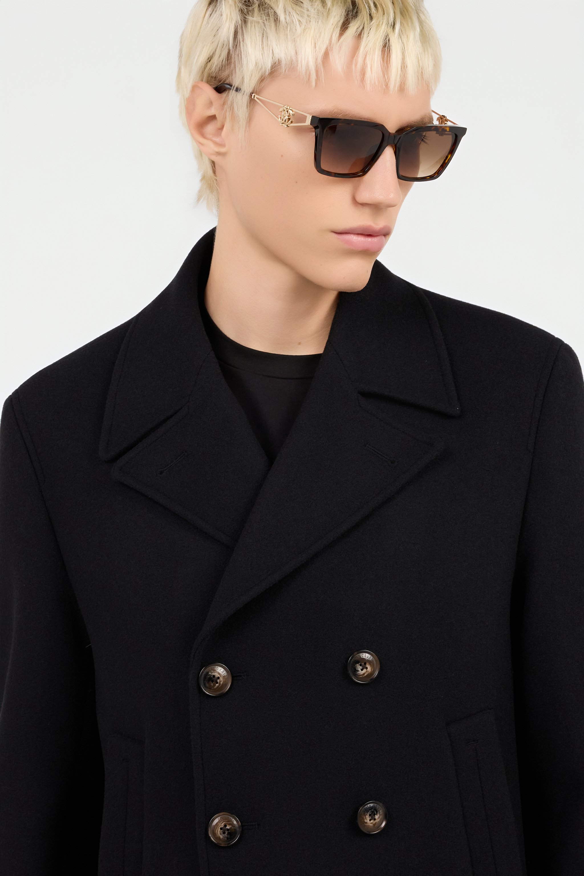 Black Wool Double-Breasted Peacoat
