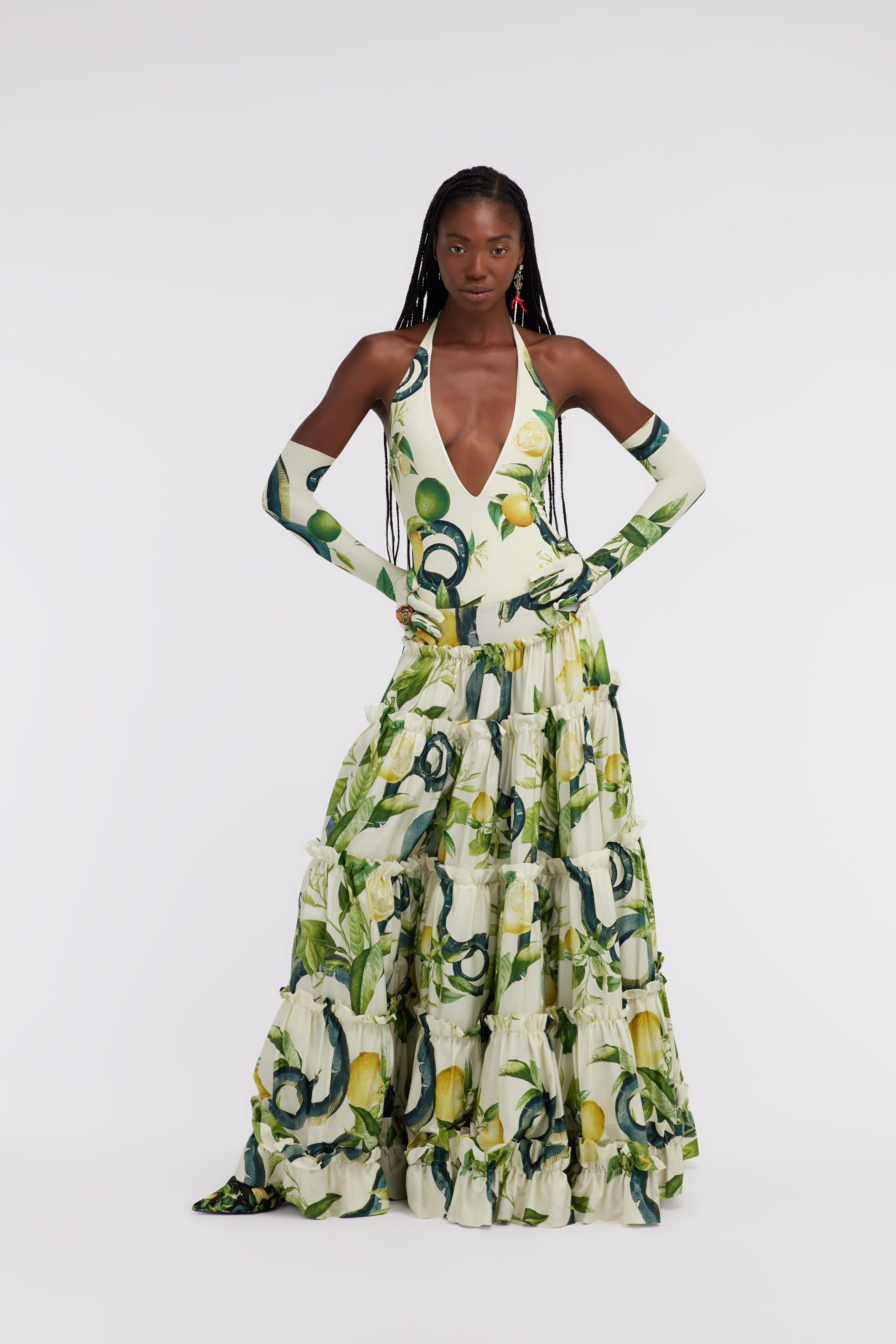 Roberto Cavalli Lemon-print Maxi Full Skirt In Ivory