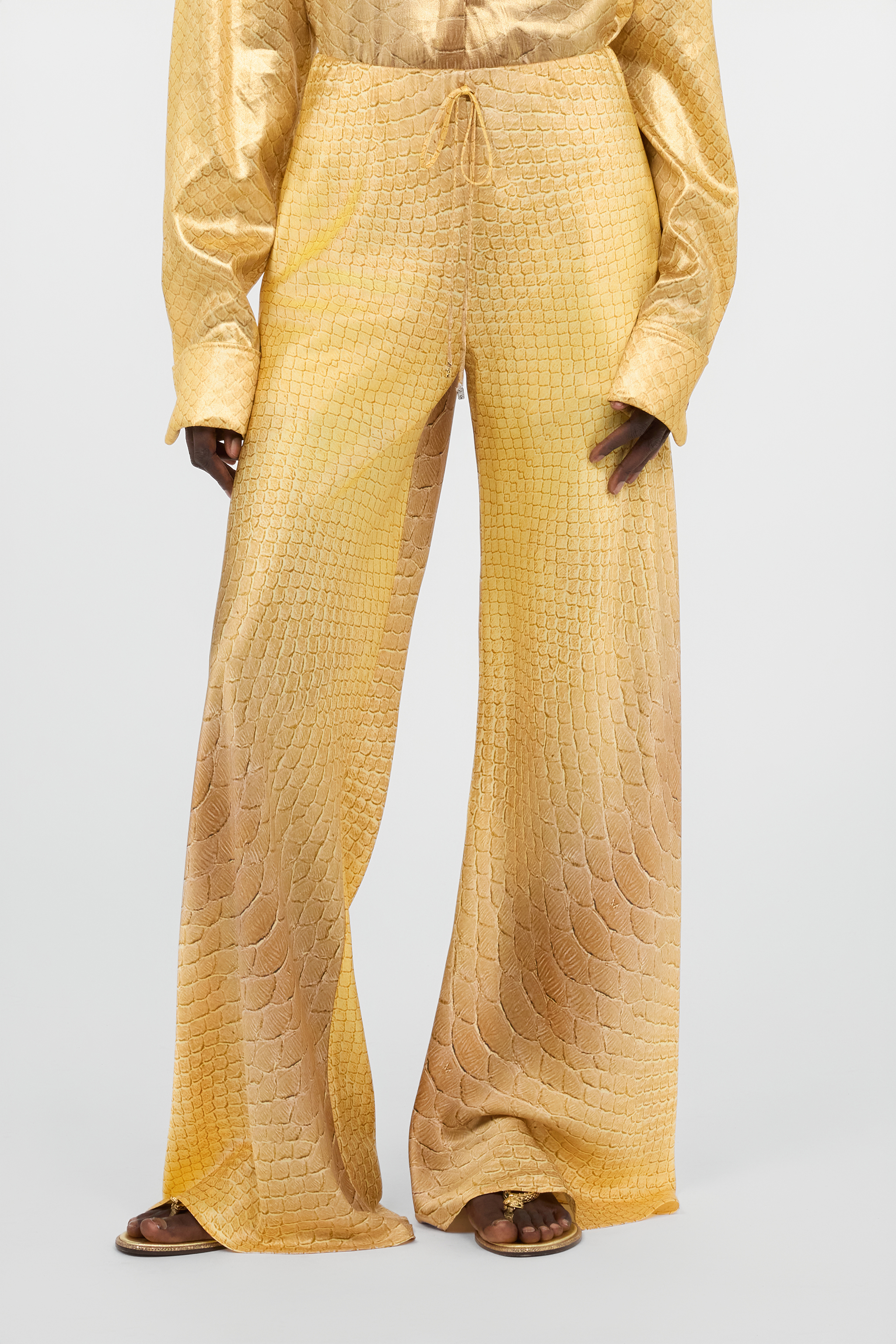  Roberto Cavalli Wide-leg Silk Pants With Beige And Sand Serpentine Print - Female Trousers & Shorts Beige/sand 46 