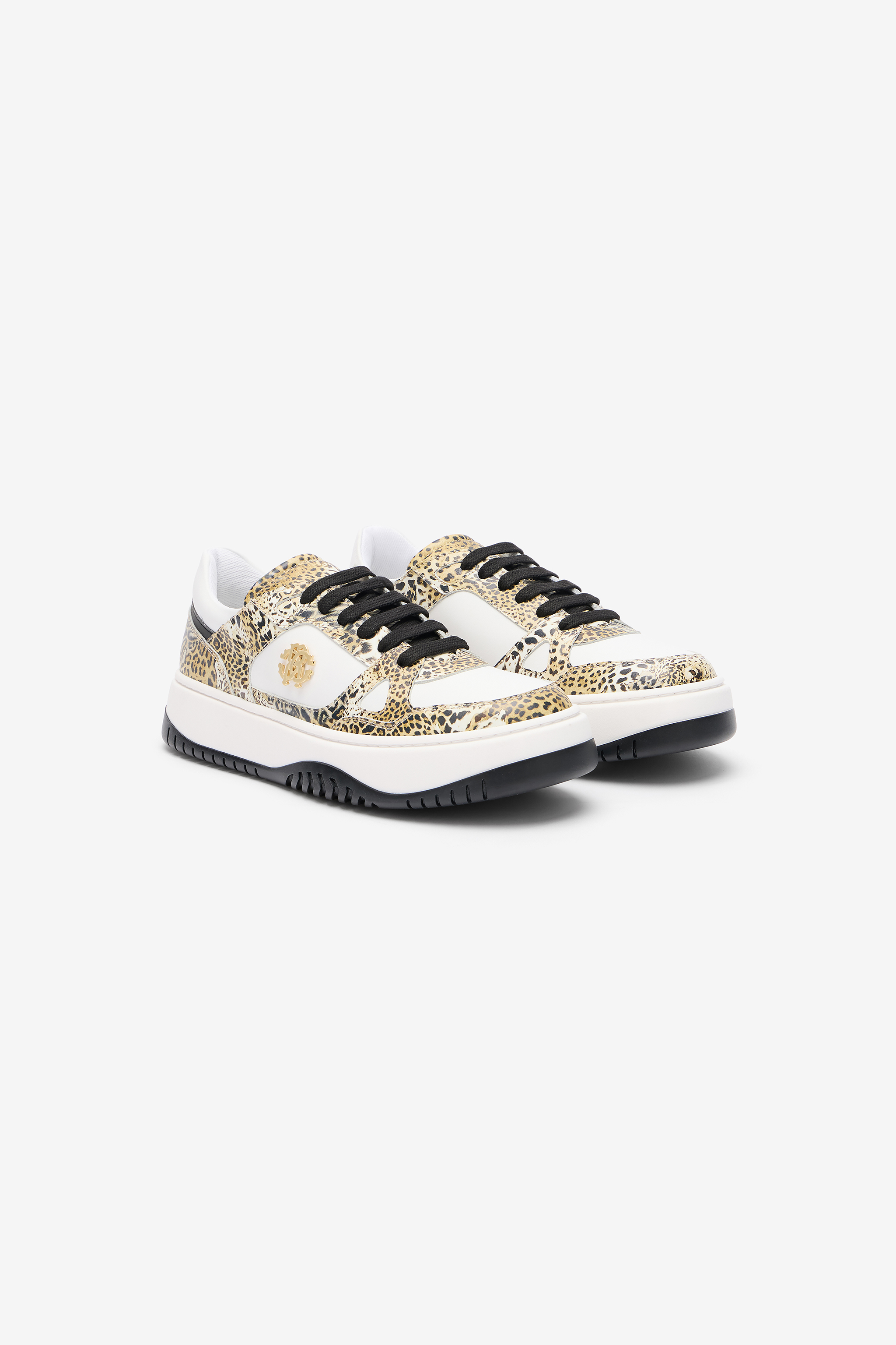 Roberto Cavalli Leopard Print Sneaker With Monogram Rc In Multi