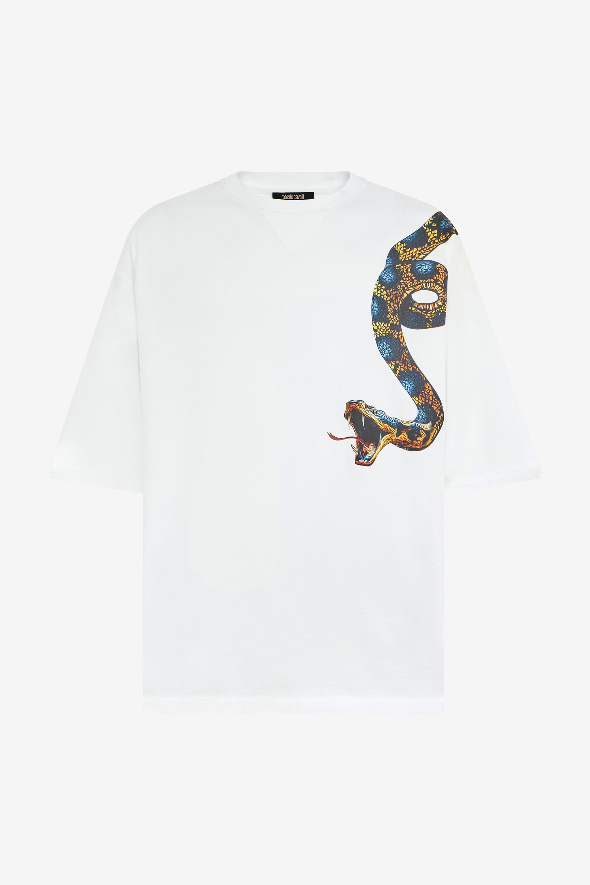 Roberto Cavalli Men's White Oversized T-Shirt With Snake Print - T-Shirts