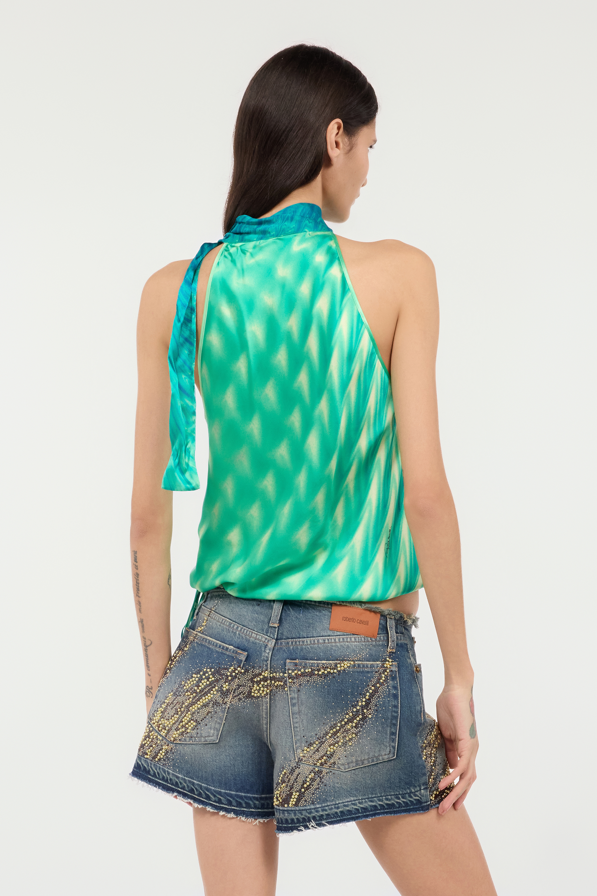 Roberto Cavalli Silk Top With Optical Glass Print In Verde