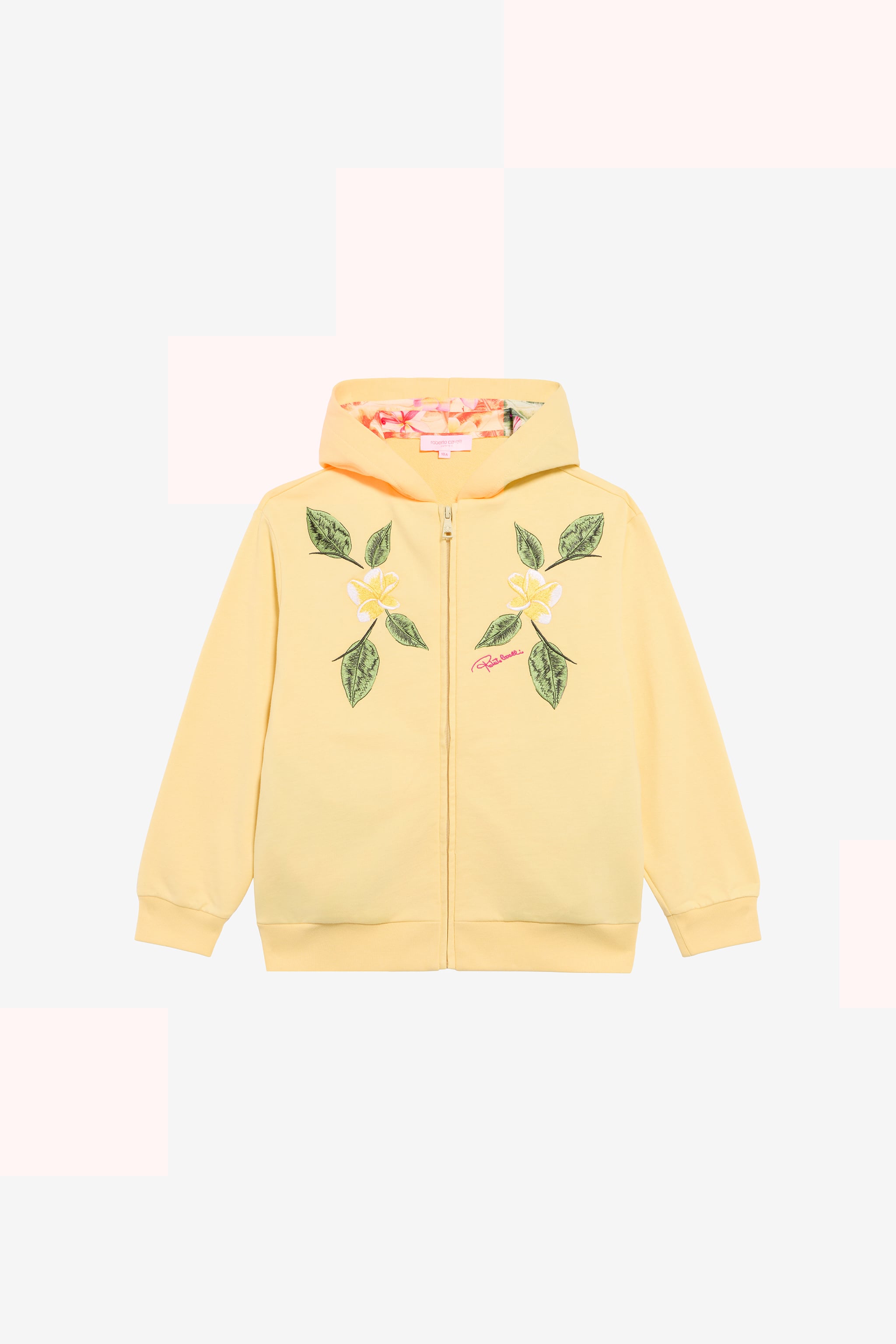 Roberto Cavalli Yellow Zip-Up Hoodie With Floral Embroidery