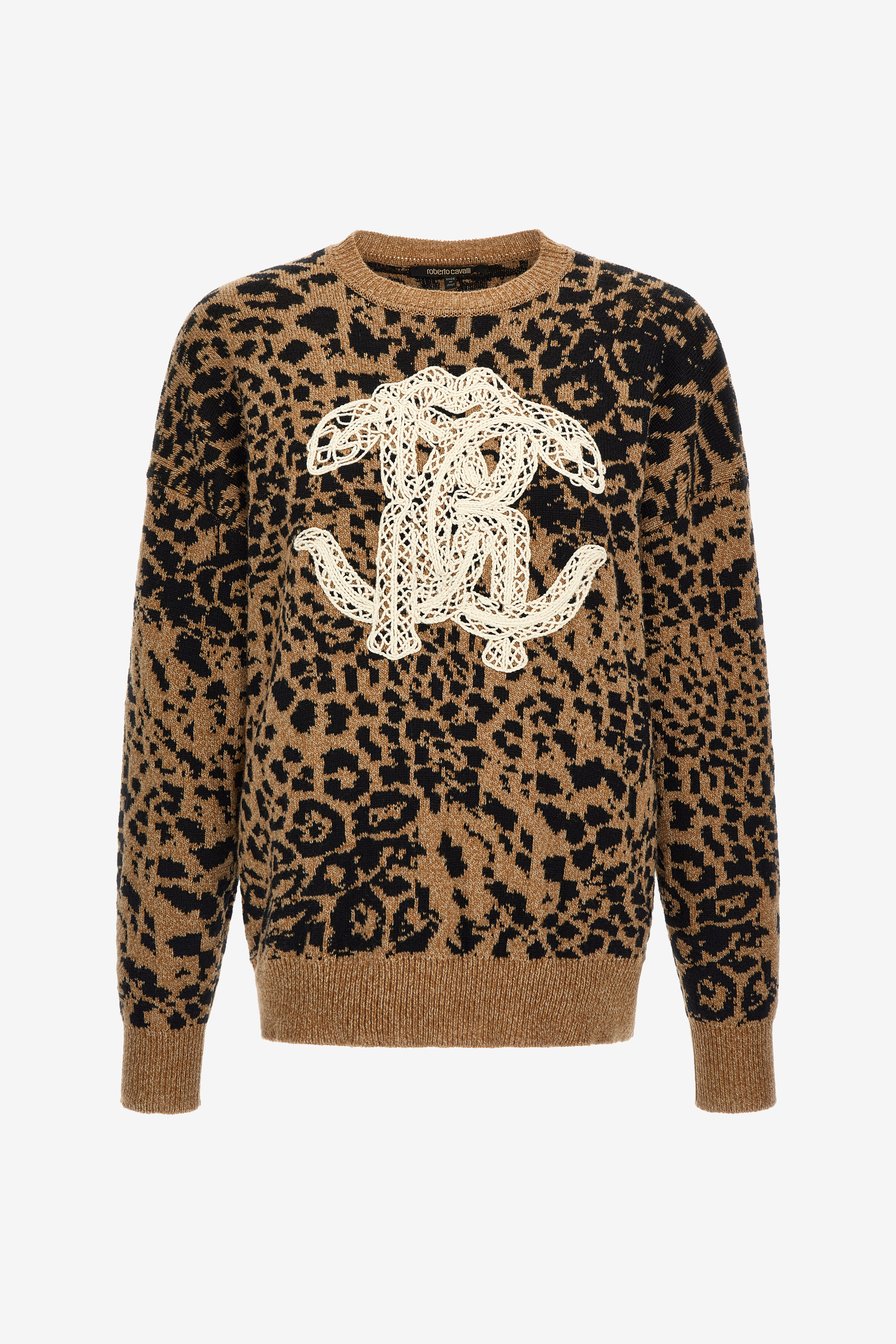Roberto Cavalli Women's Brown Sweater With Monogram Rc And Jaguar Skin Print - Knitwear