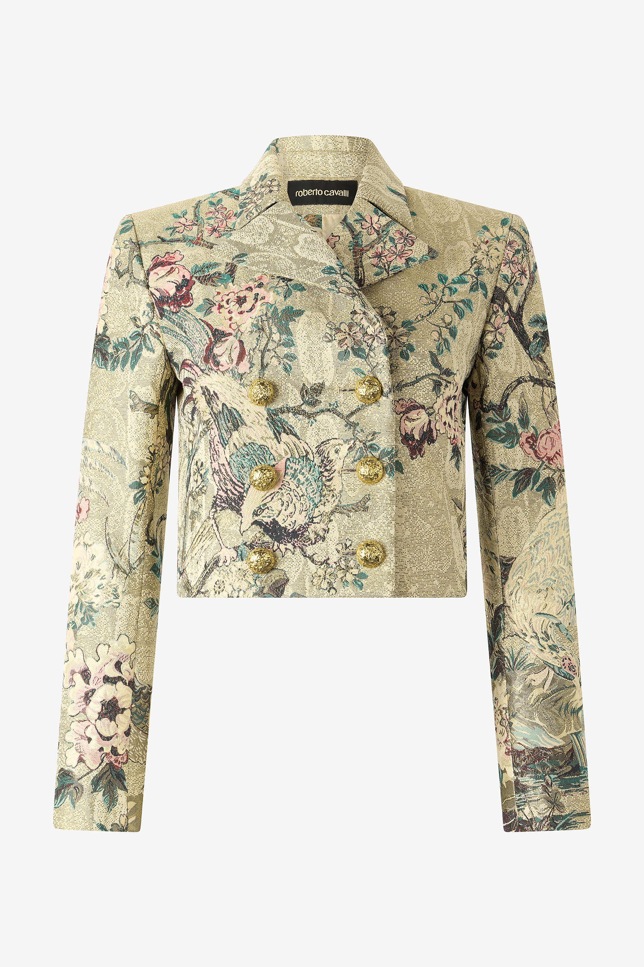 Roberto Cavalli Women's Ivory/Pink Cropped Jacket With Oriental Bird Print