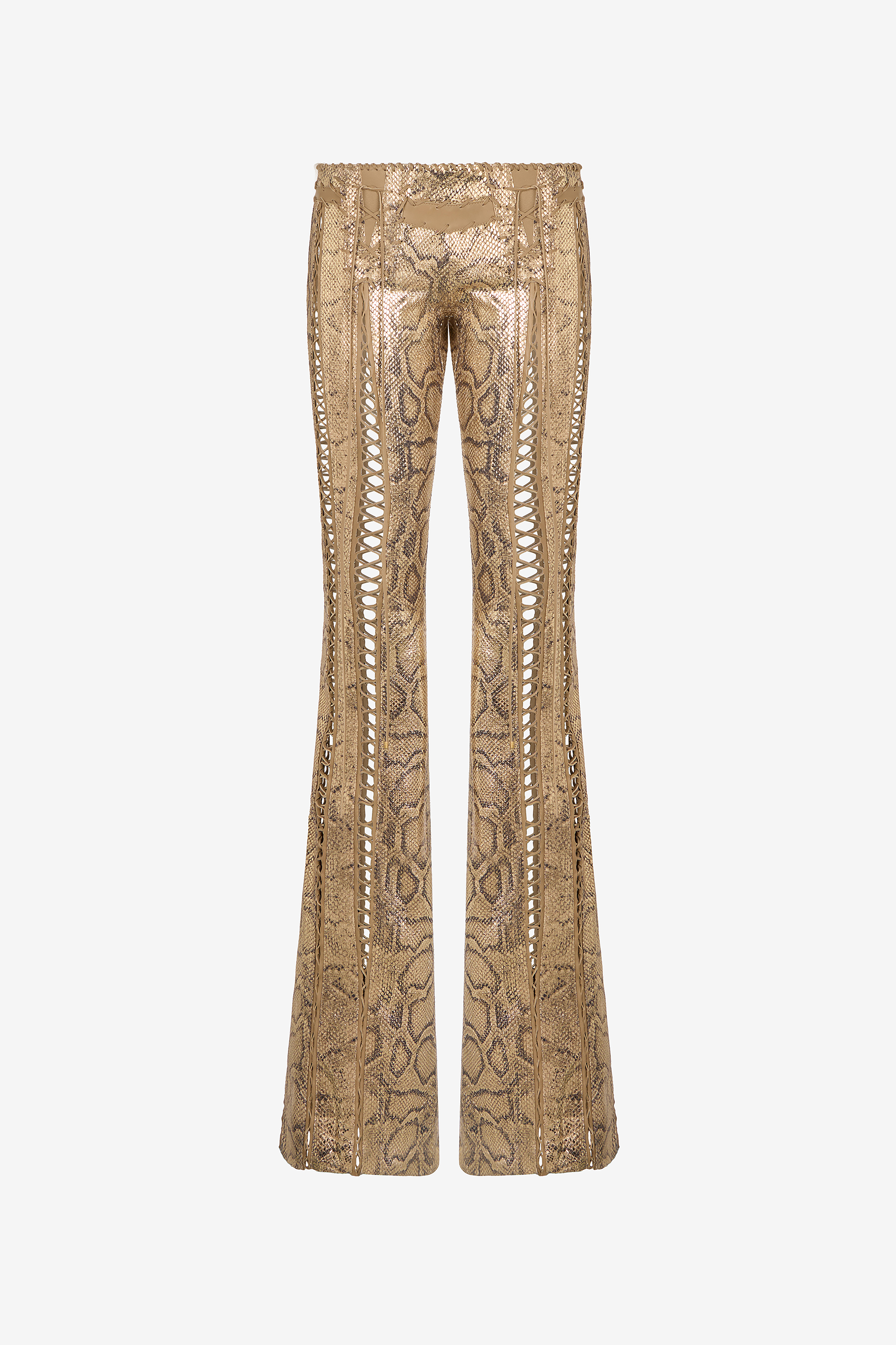 Roberto Cavalli Gold Leather Pants with Python Print and Cut-Out Details