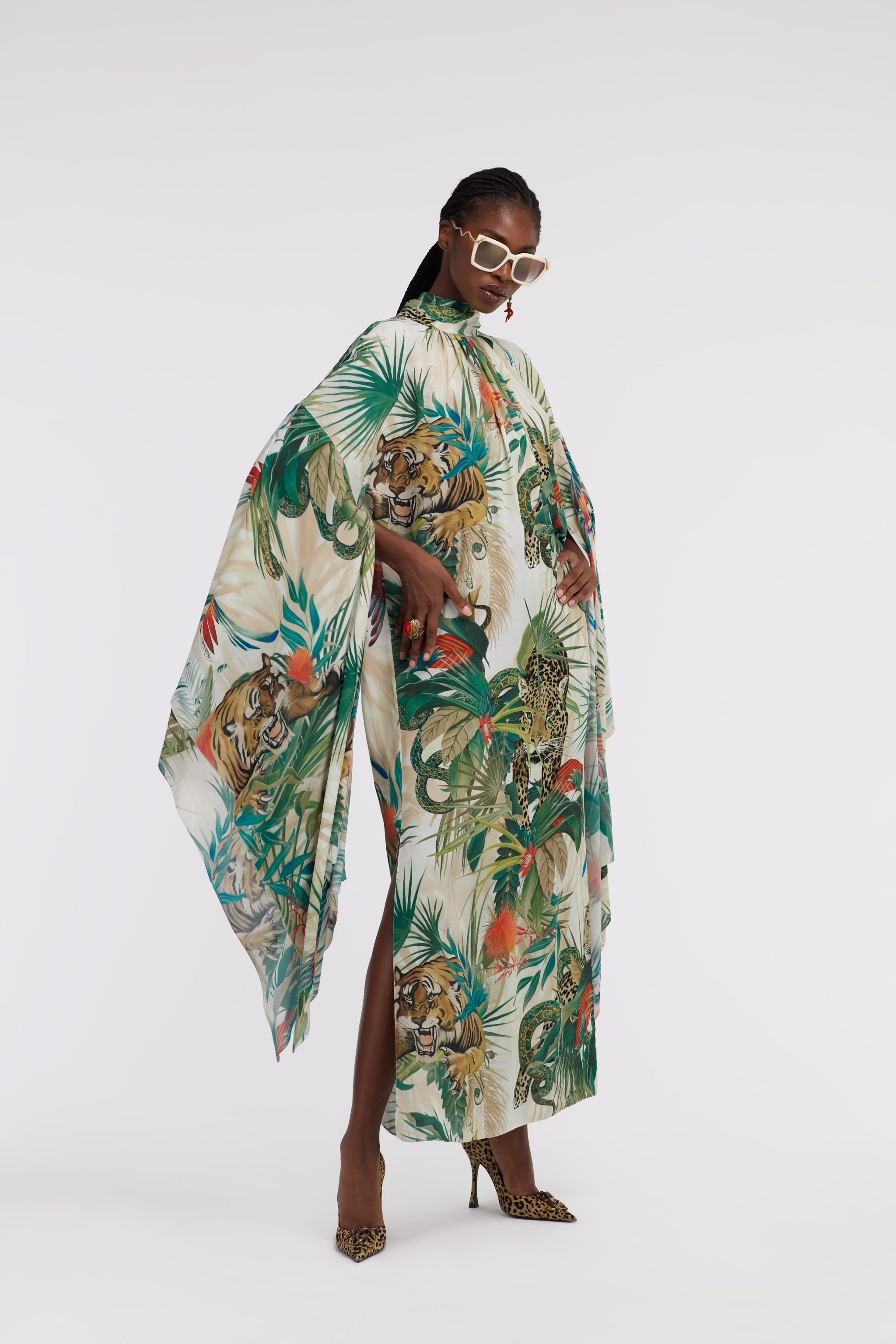 Jungle Print Kaftan Dress High Neck