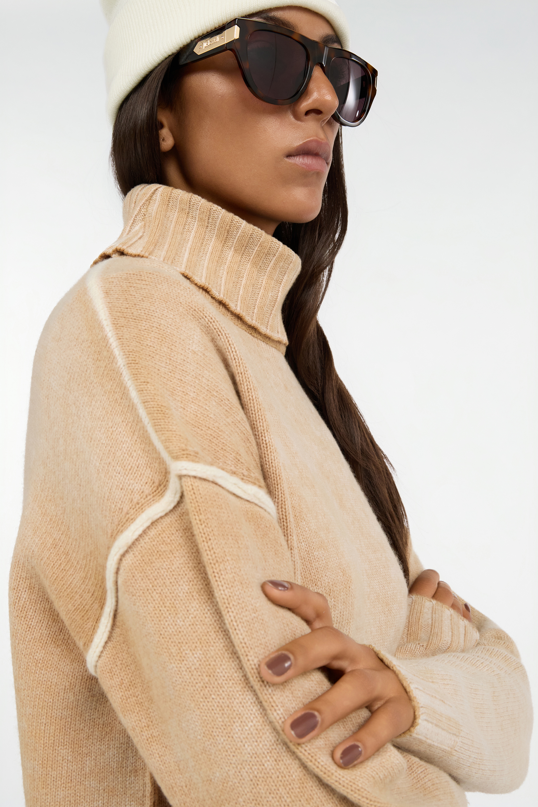 Roberto Cavalli Beige Turtleneck Sweater With Heart Logo In Neutral