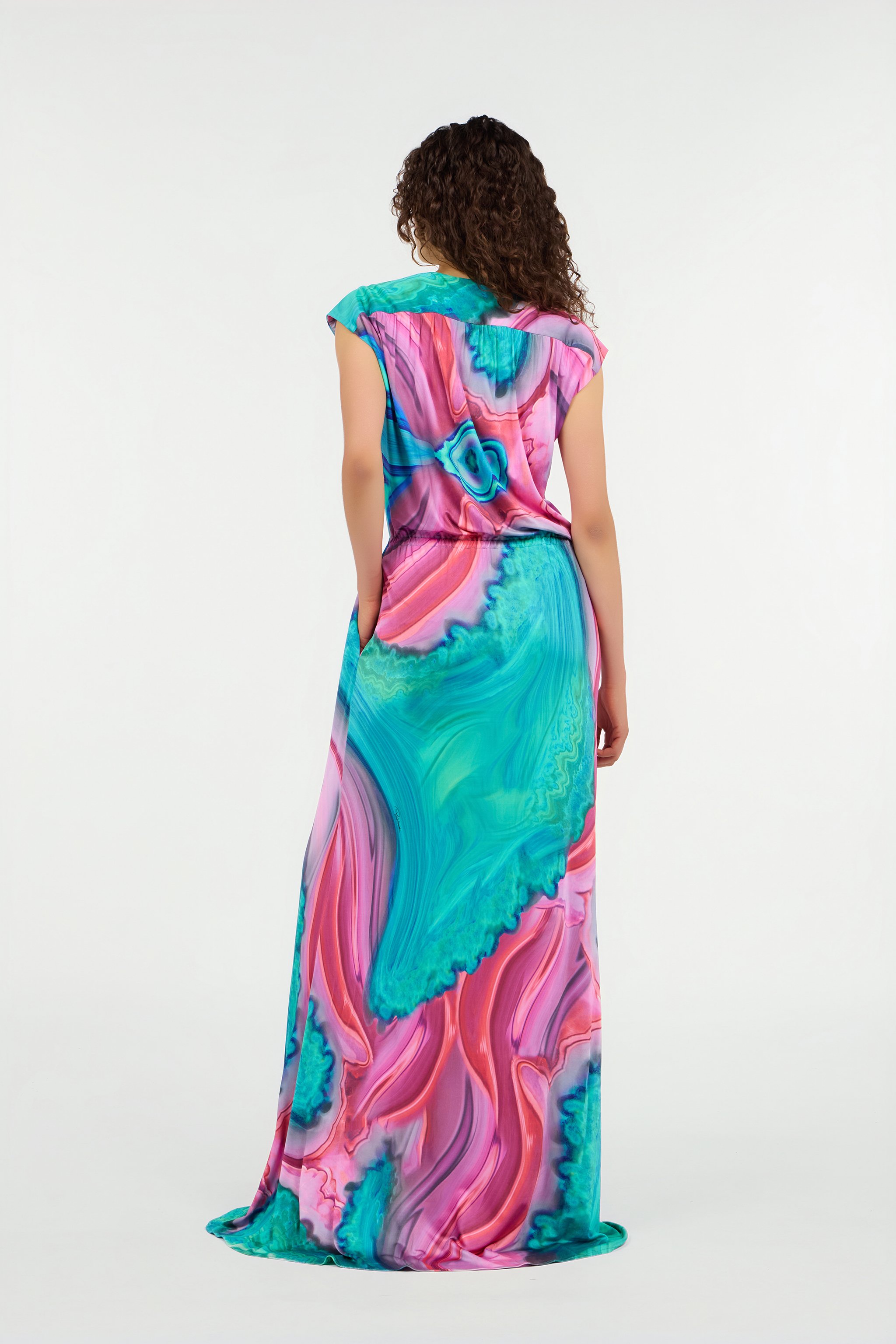 Long dress chemisier with multicolor marbled print