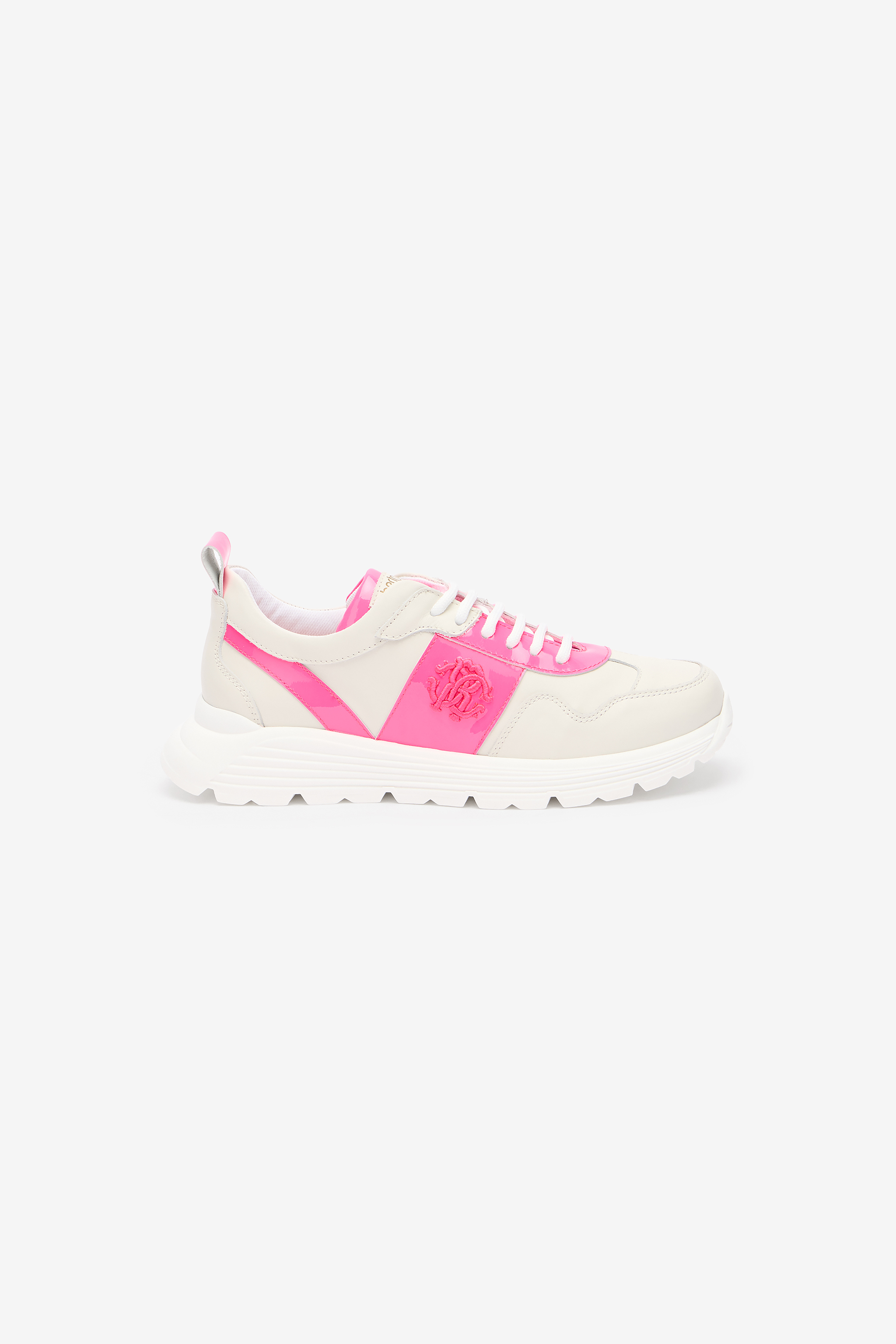 Roberto Cavalli White And Pink Leather Running Shoes With Monogram Rc In White