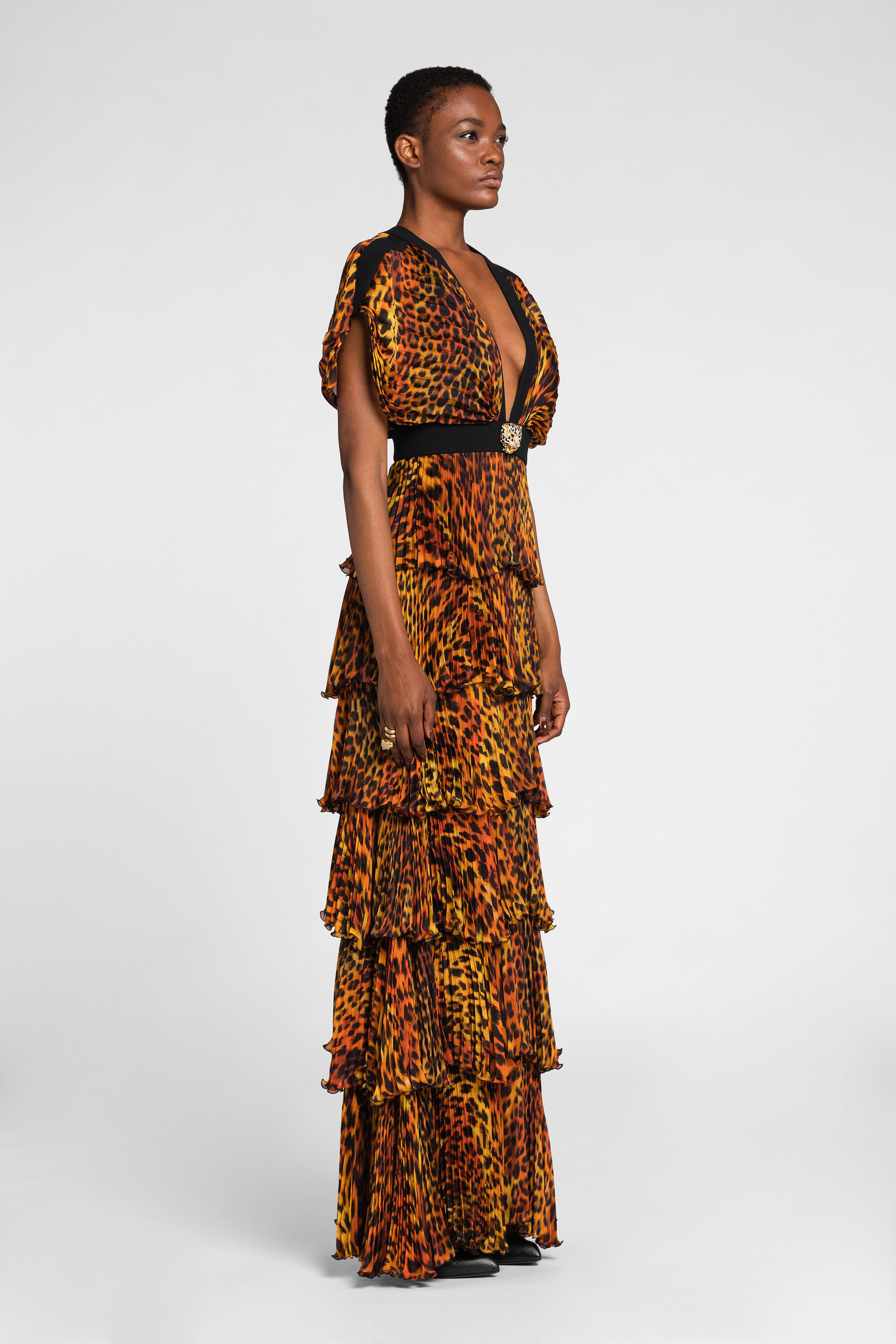 ROBERTO CAVALLI MAXIKLEID AUS SEIDE MIT JAGUAR-PRINT UND PLISSEE