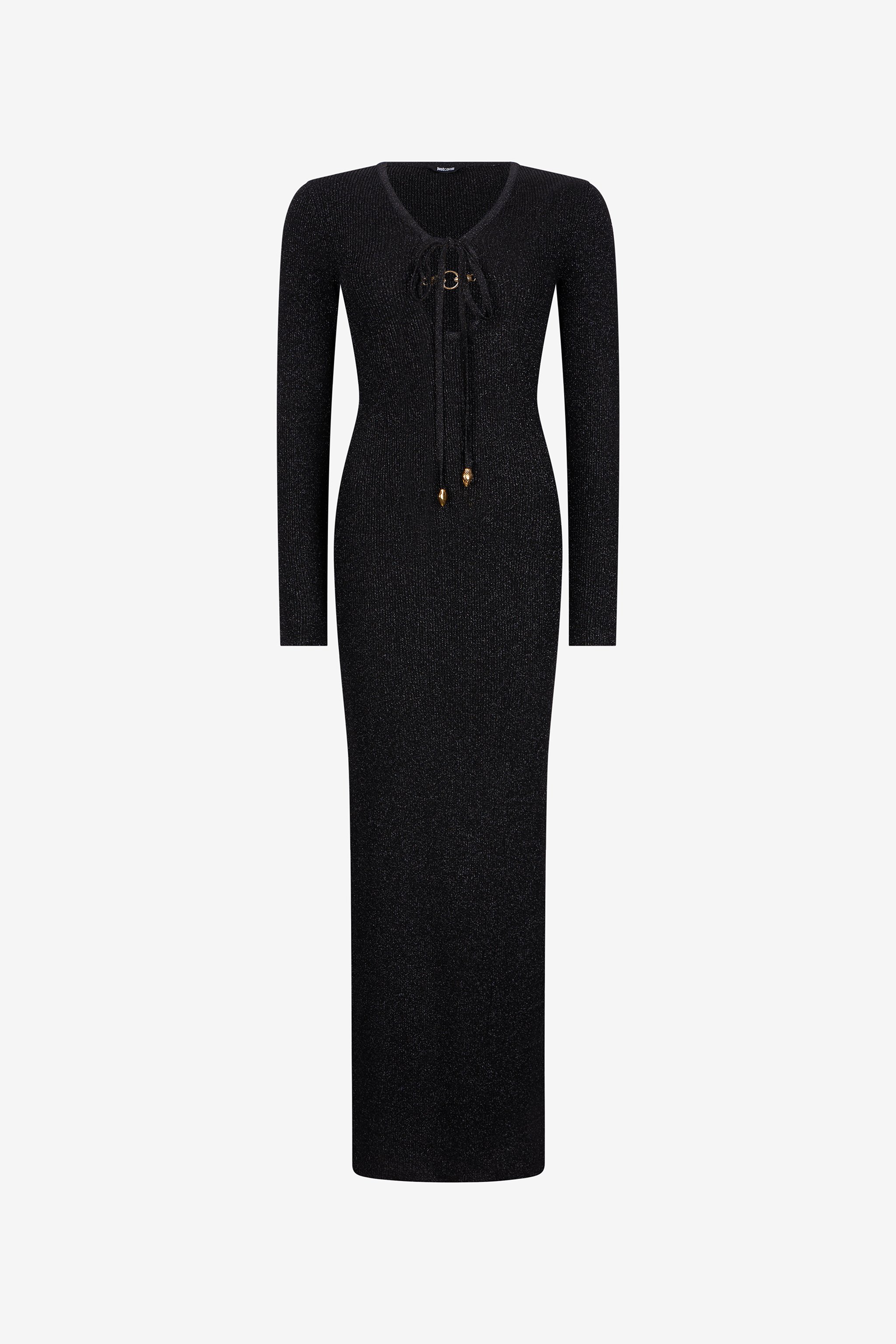 Roberto Cavalli Black Lurex Maxi Dress With Snake Hardware In Black