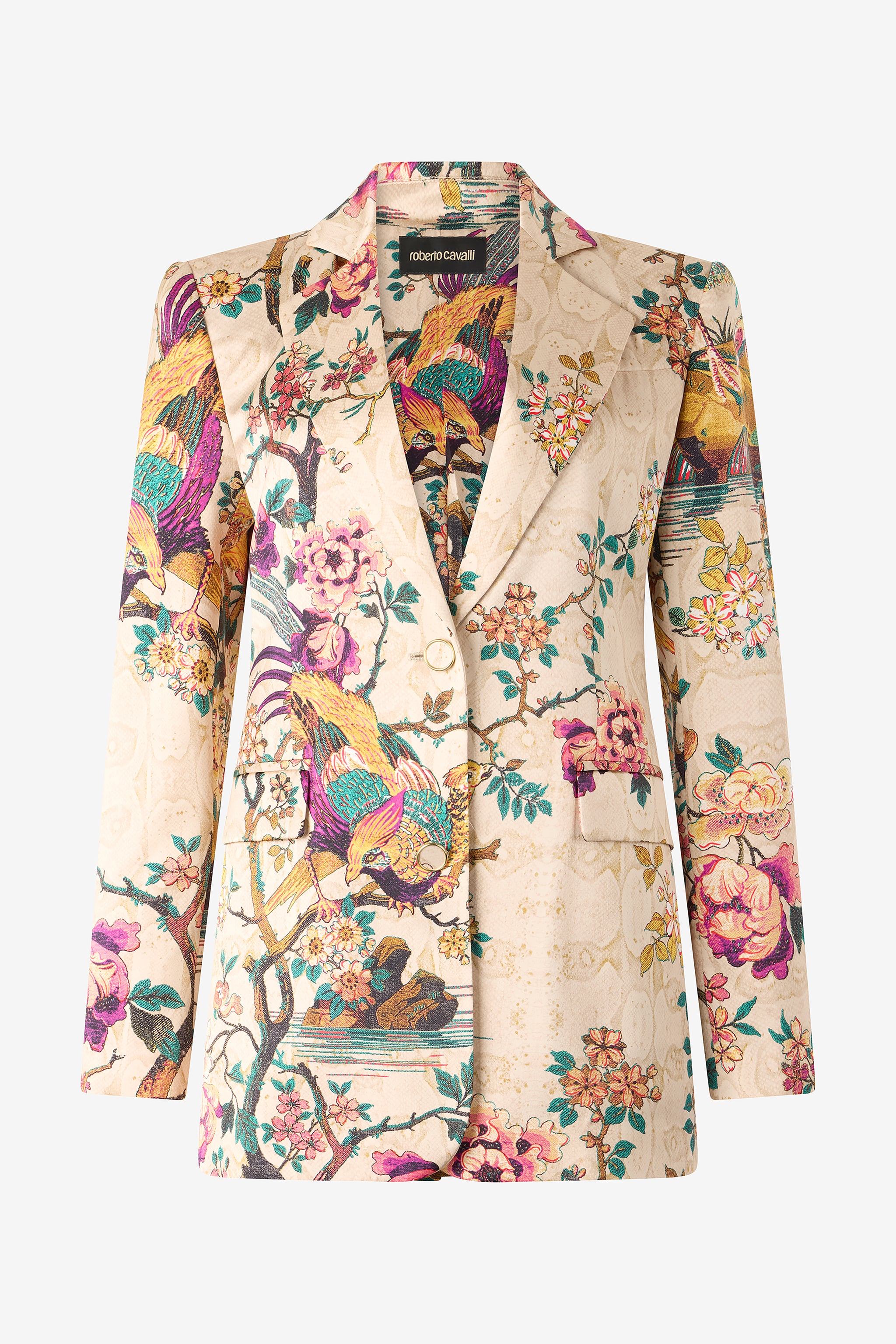 Roberto Cavalli Women's Ivory/Pink Silk Blazer With Oriental Bird Print