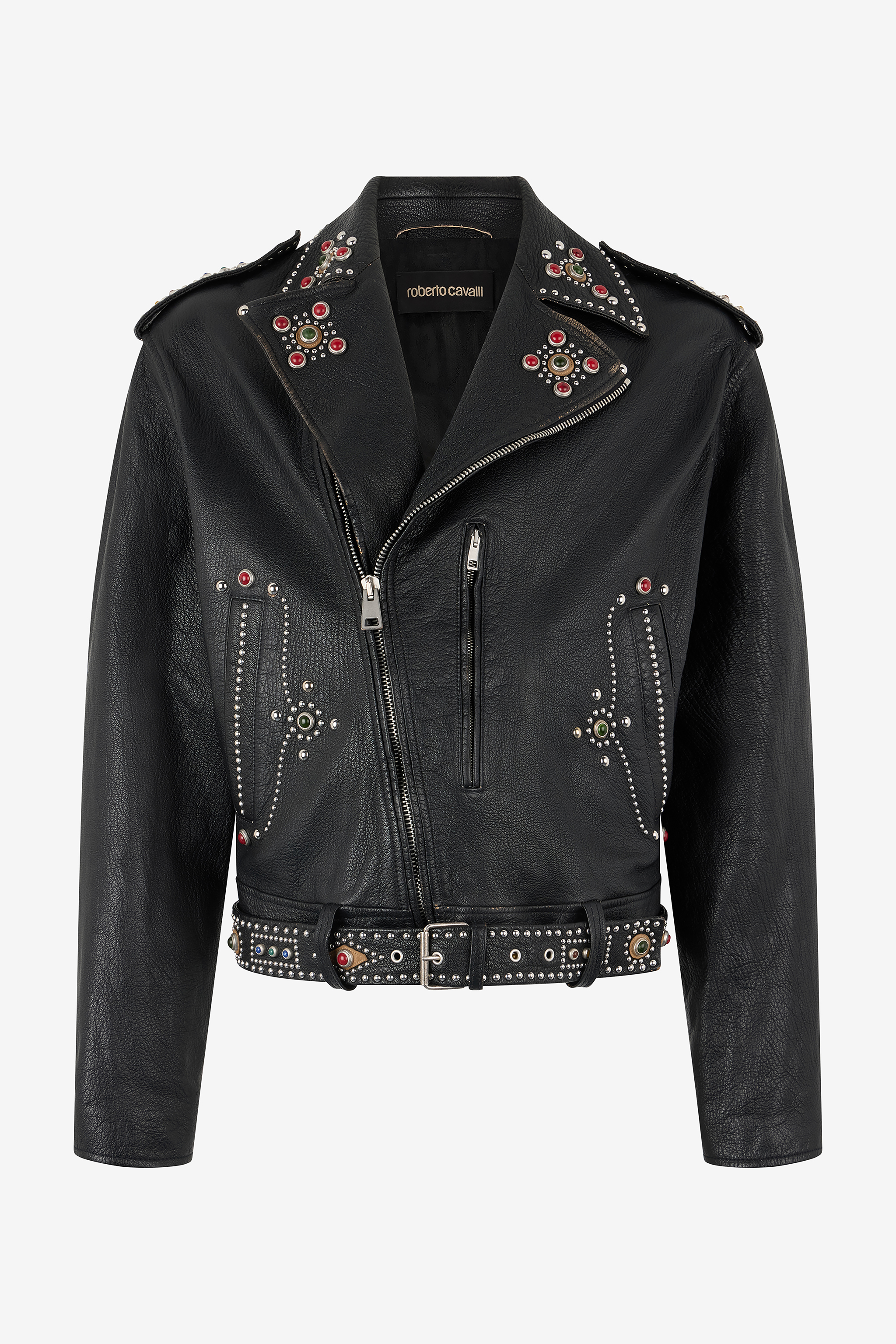 Shop Roberto Cavalli Leather Biker Jacket With Studs And Stones