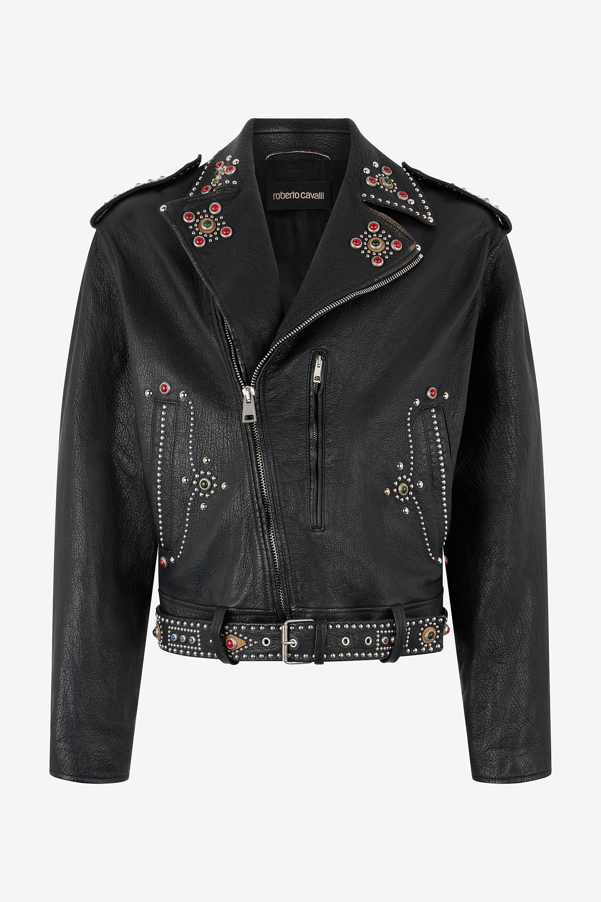Shop Roberto Cavalli Leather Biker Jacket With Studs And Stones