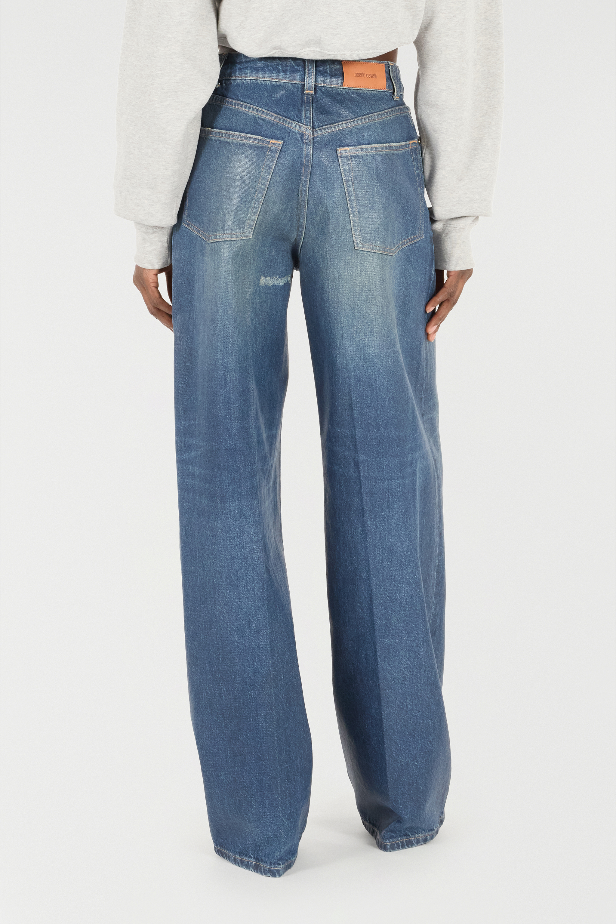 Roberto Cavalli Jeans With Mirror Snake Monogram Charm In Blu Scuro 193921