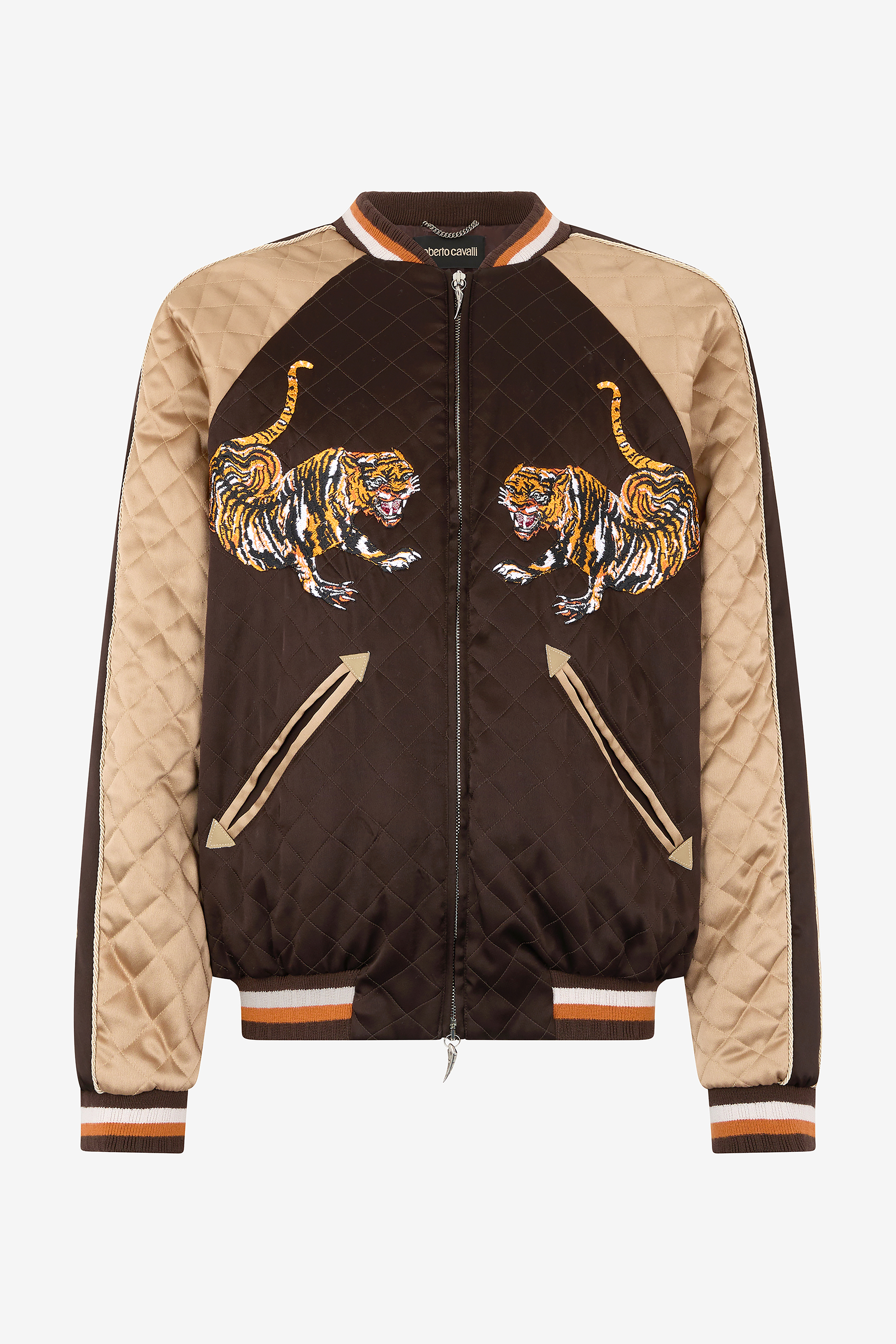Roberto Cavalli Men's Brown Bomber Jacket With Tigers - Promo Sale Fw2025