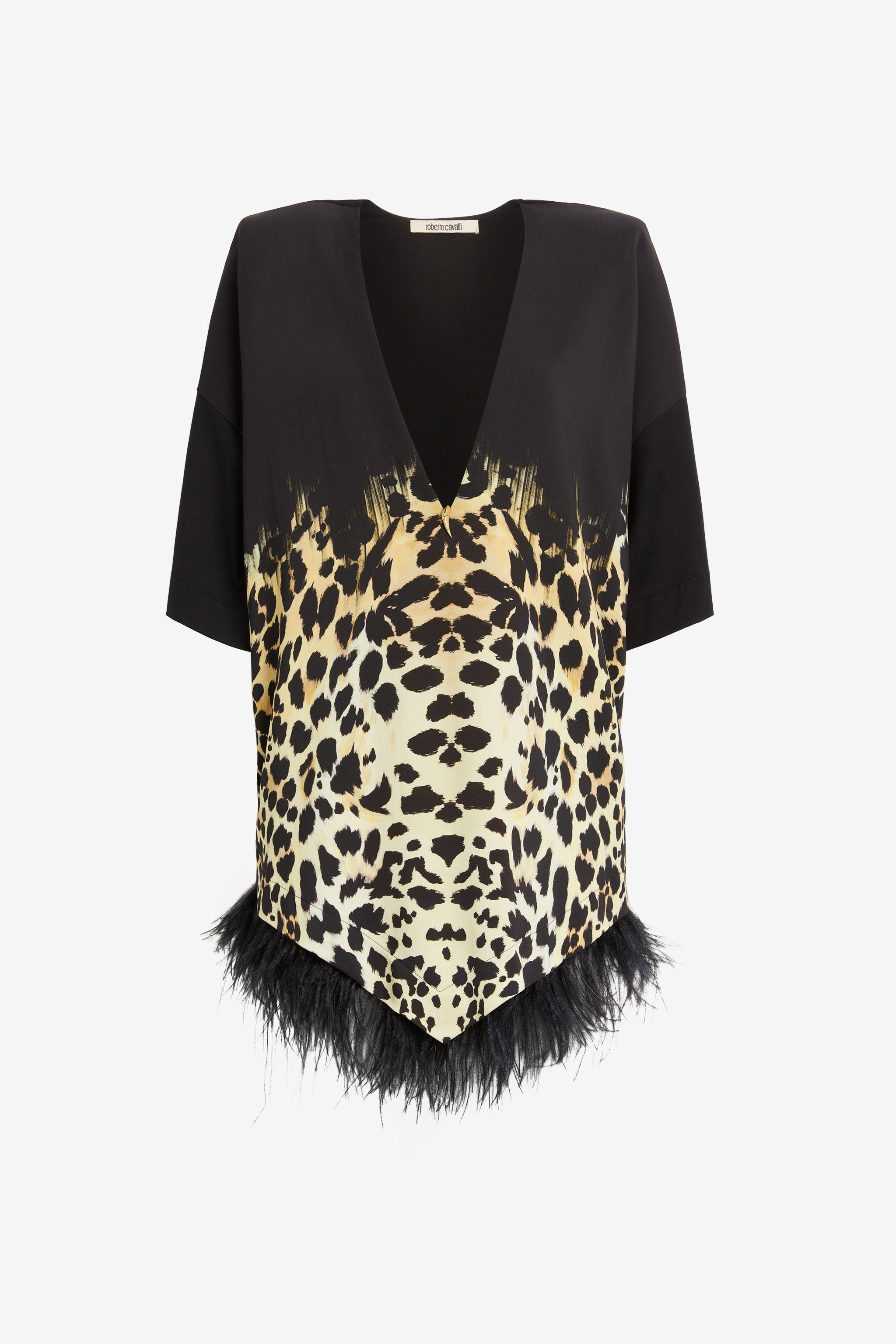 ROBERTO CAVALLI MINIKLEID MIT QUEEN OF SICILY PRINT UND FEDERBESATZ 