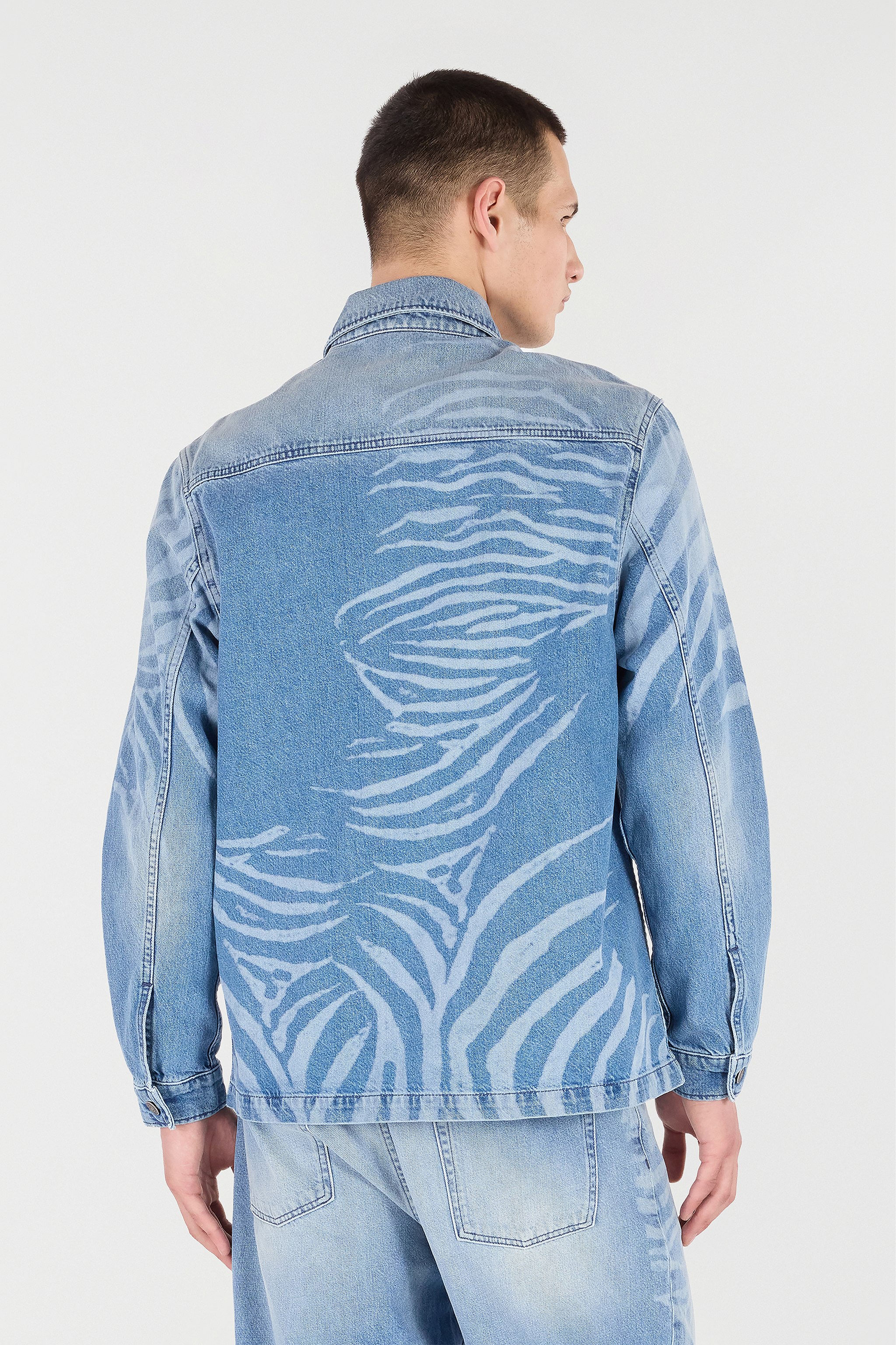 Roberto Cavalli Denim Shirt With Tiger Skin Print In Light Blue