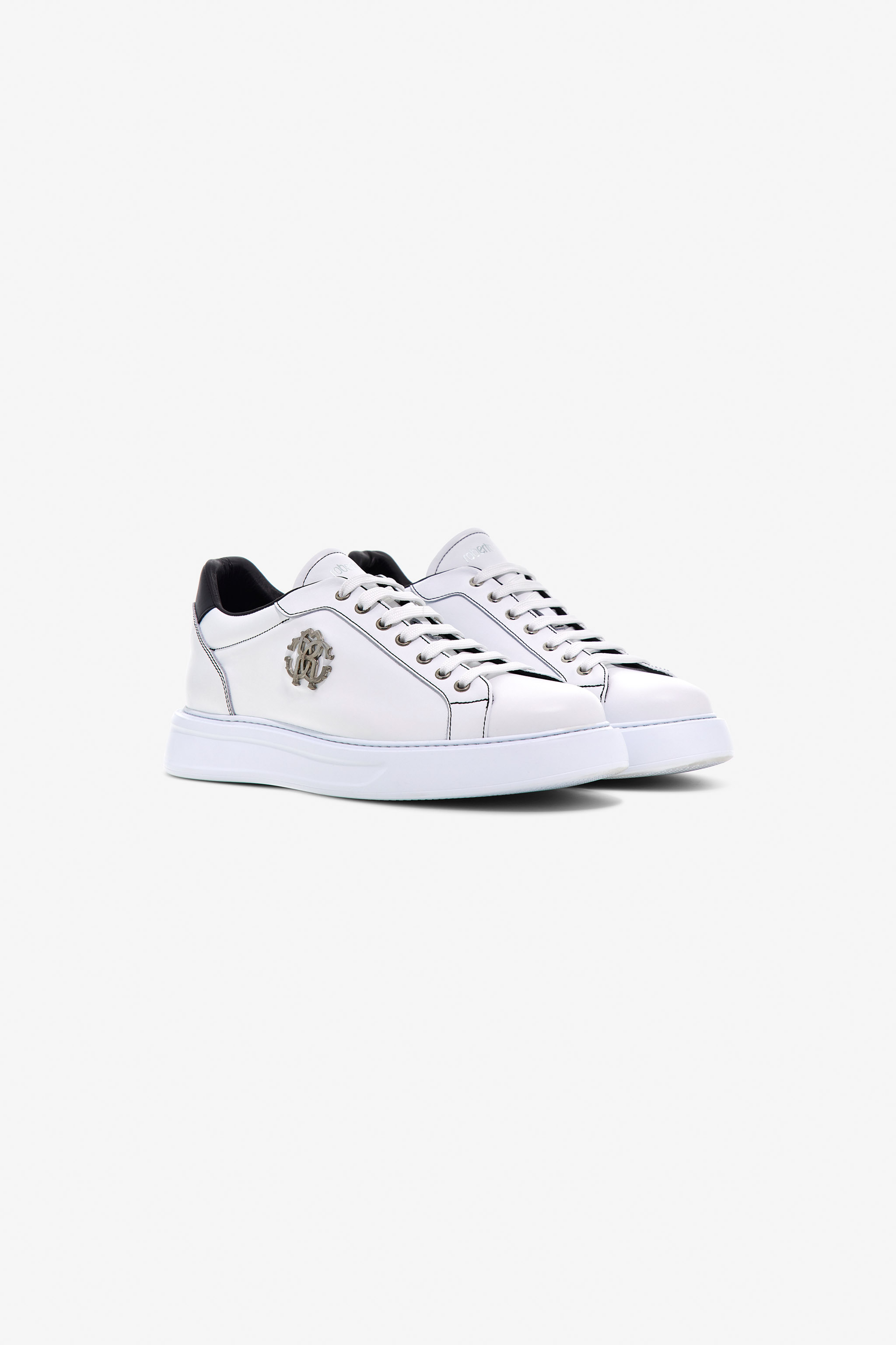 Leather Sneakers with Logo in WHITE/BLACK for Men | Roberto