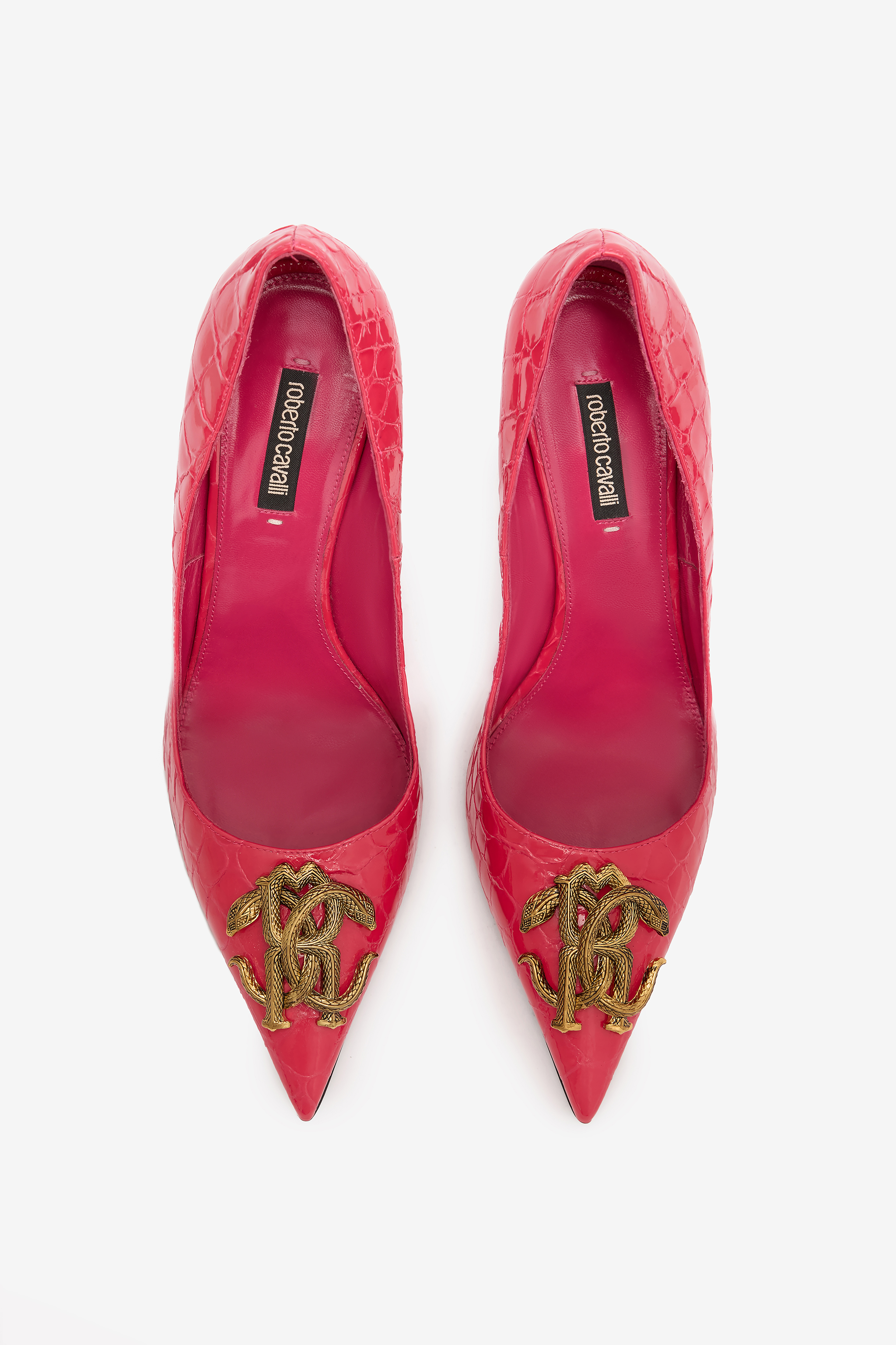 Roberto Cavalli Crocodile-effect Pumps With Mirror Snake Monogram In Fuchsia