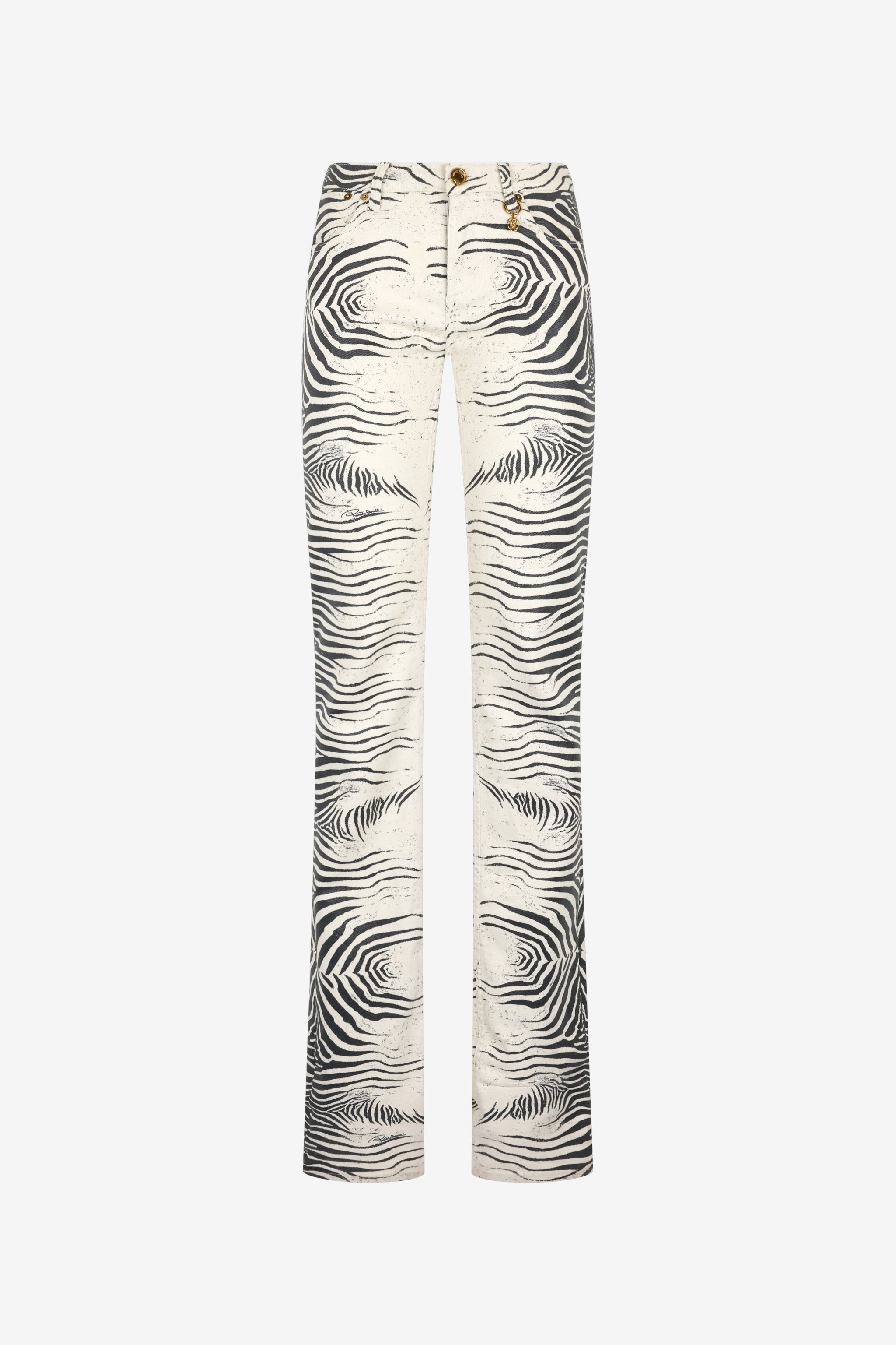 Roberto Cavalli Straight Trousers All-over Print In Black/white
