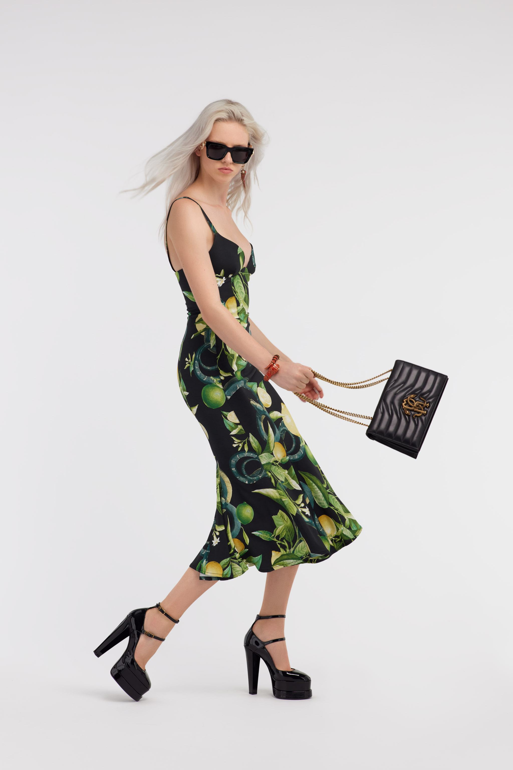 Roberto Cavalli Dress With Shoulder Straps And Lemon Print In Black