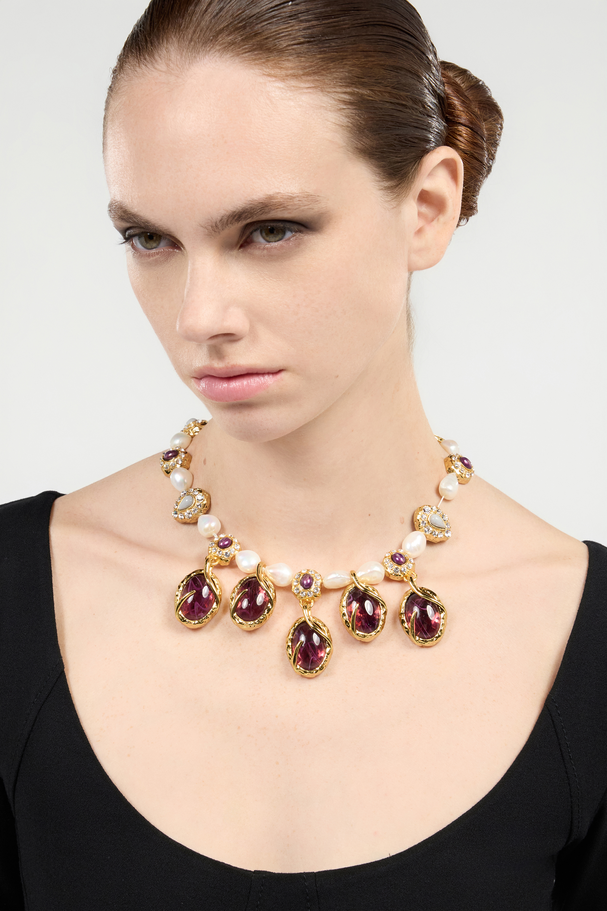 Golden Necklace With Pearls And Amethyst-Effect Stones