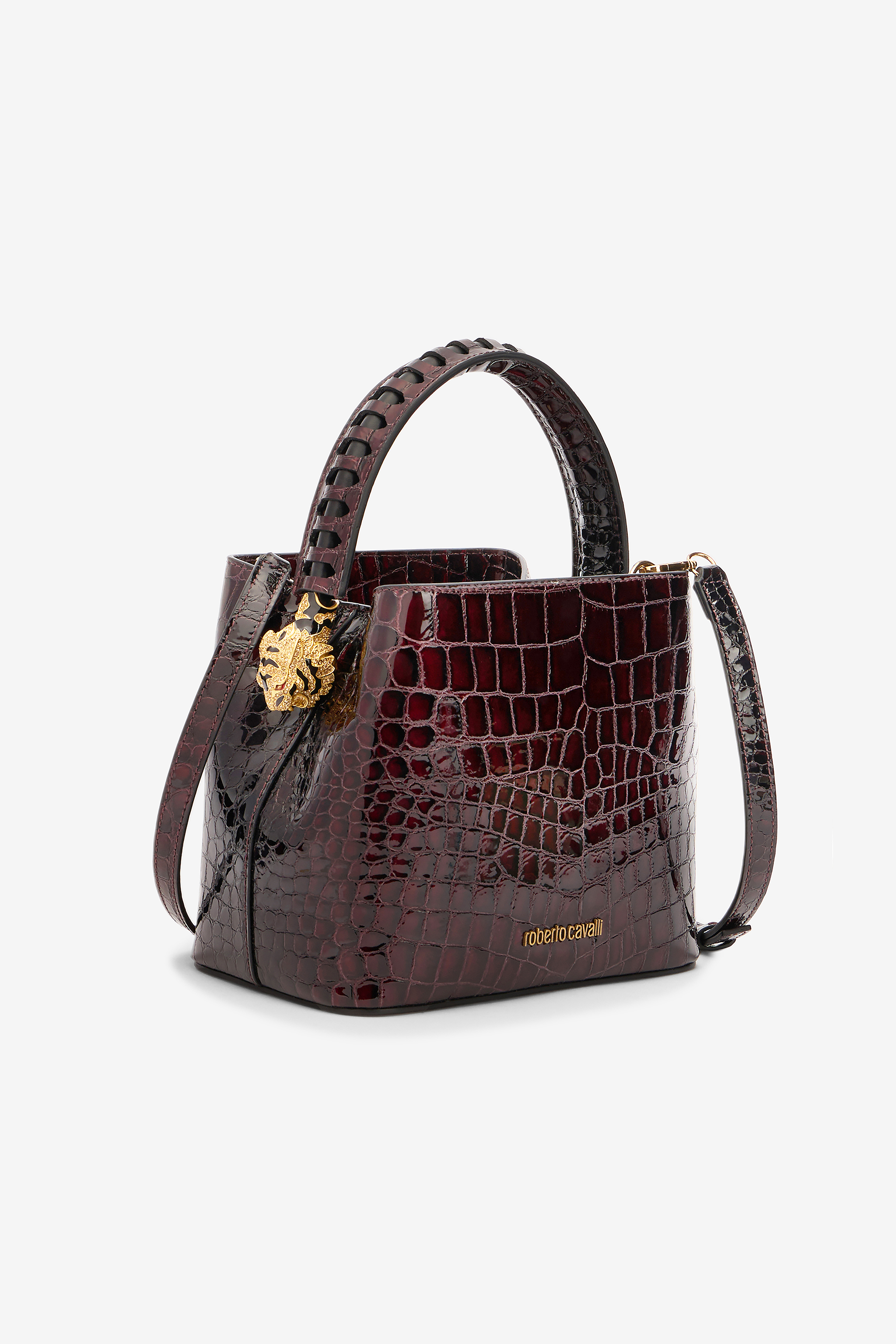 Roberto Cavalli Crocodile Effect Roar Bag In Rosso/oro